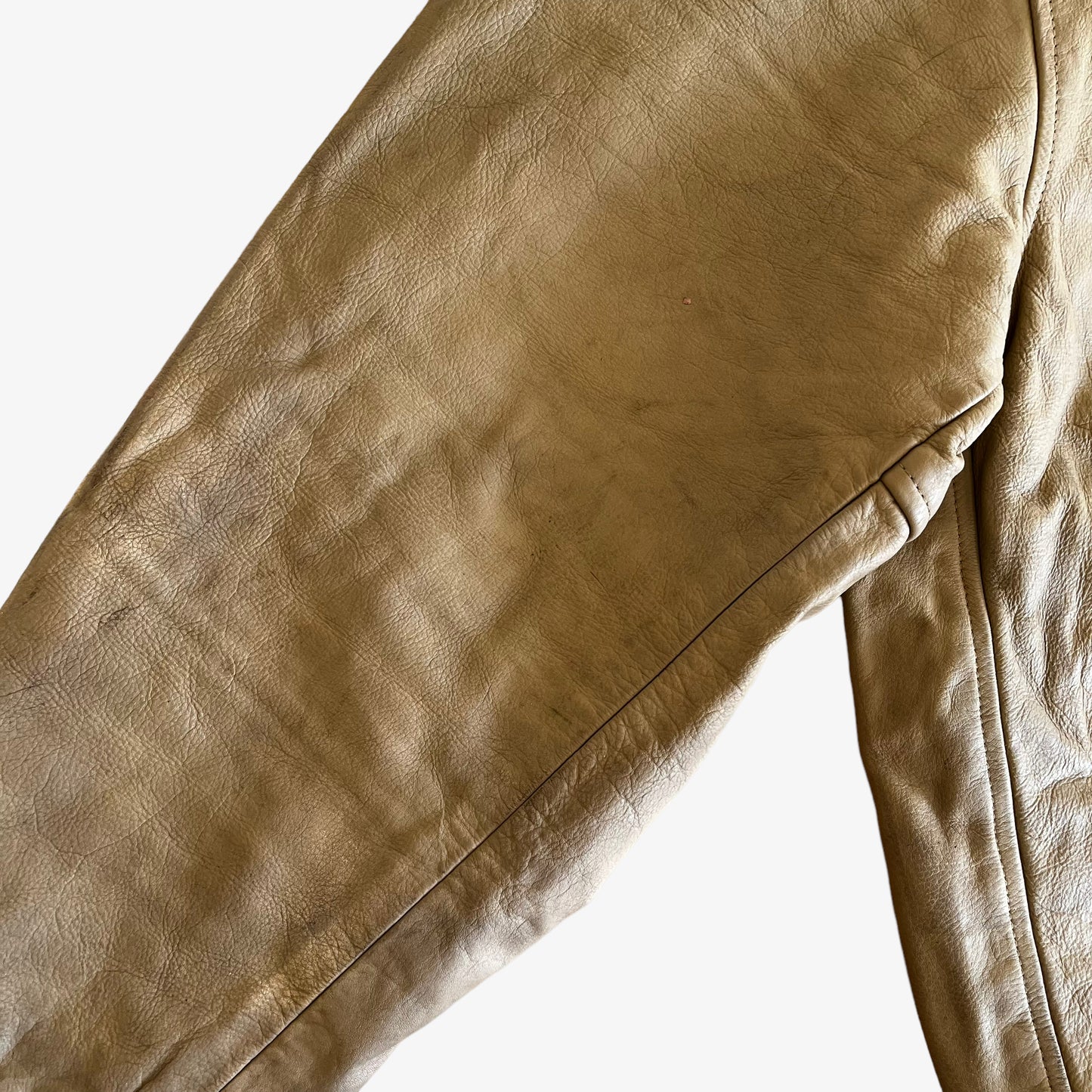 Vintage 90s Redskins Beige Leather Varsity Jacket Sleeve - Casspios Dream