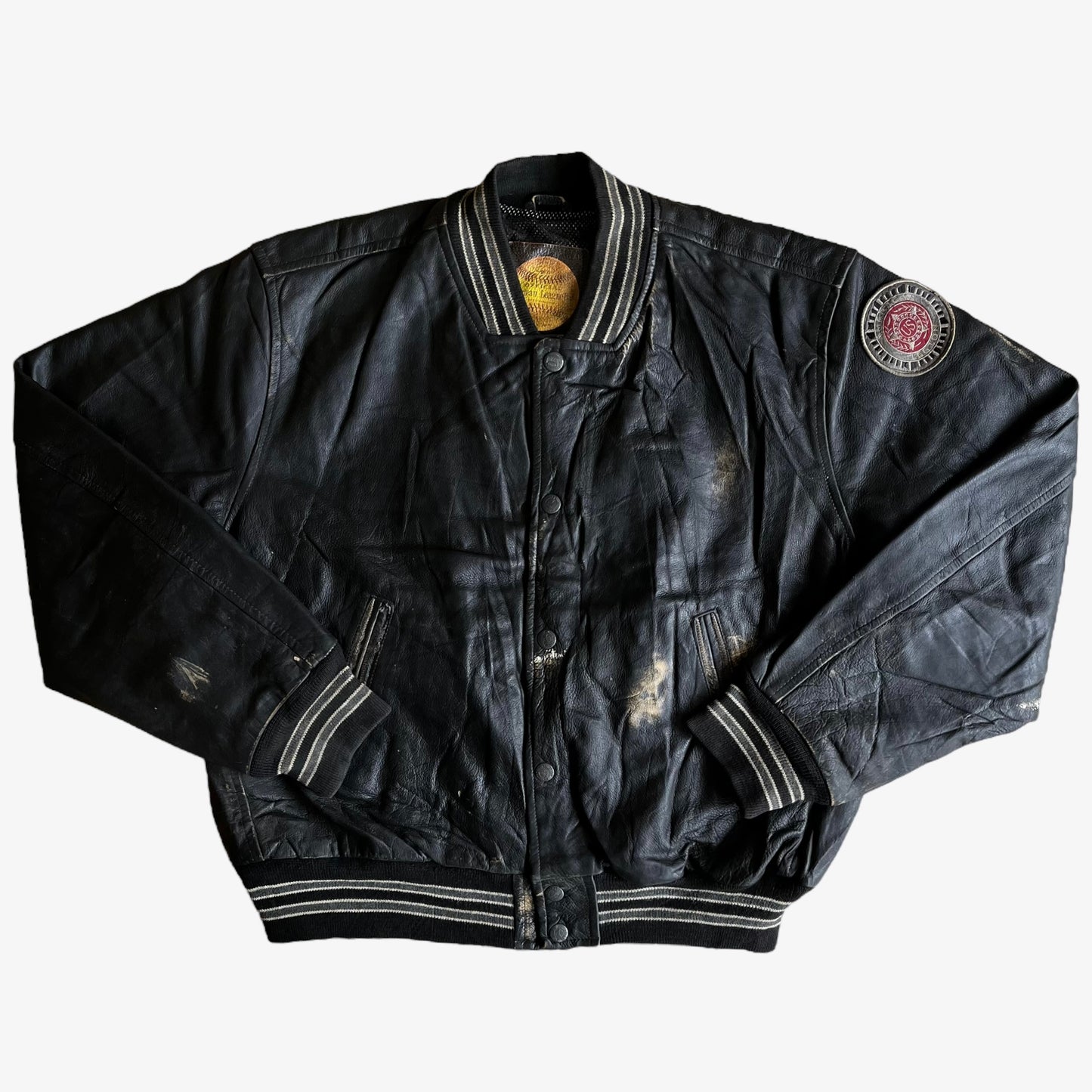 Vintage 90s Redskins Black Leather Varsity Jacket With Back Spell Out - Casspios Dream