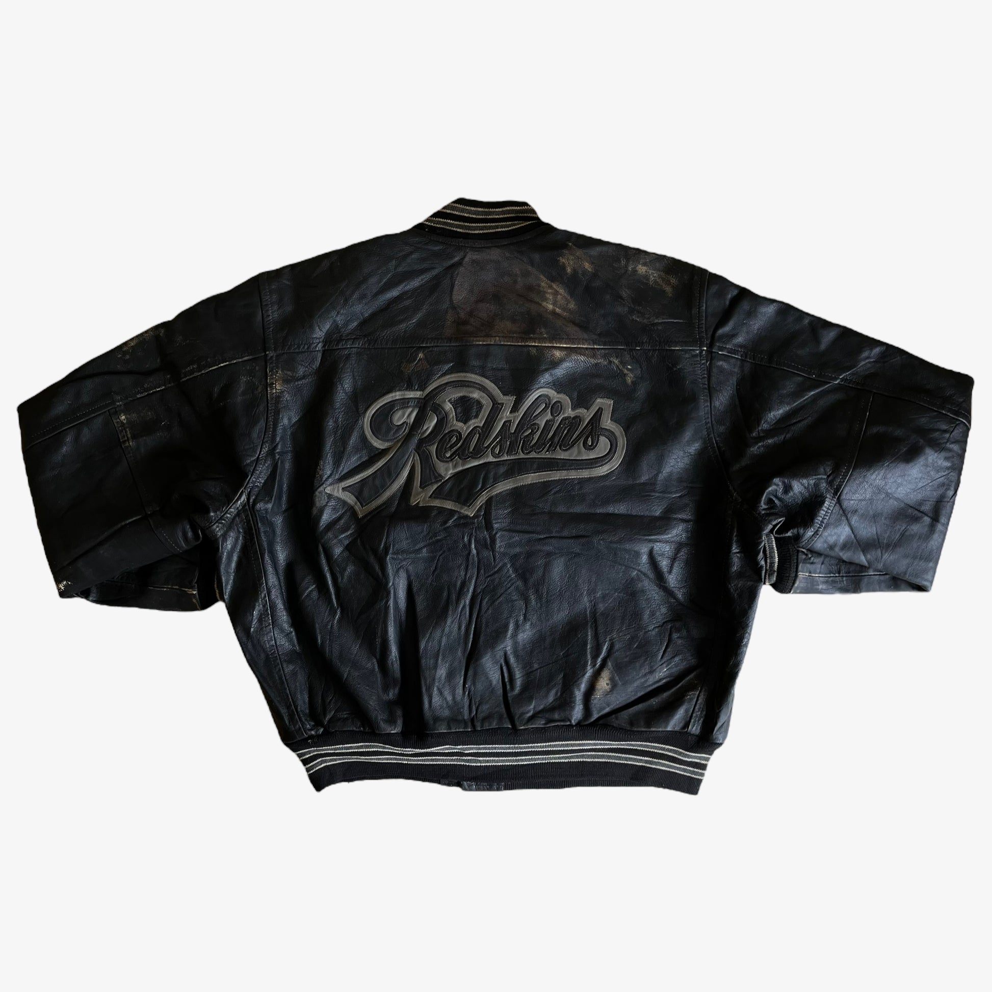 Vintage 90s Redskins Black Leather Varsity Jacket With Back Spell Out Back - Casspios Dream