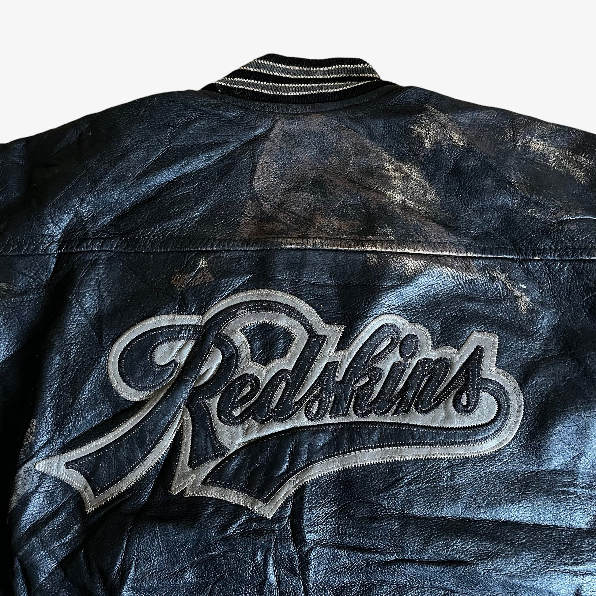 Vintage 90s Redskins Black Leather Varsity Jacket With Back Spell Out Logo - Casspios Dream