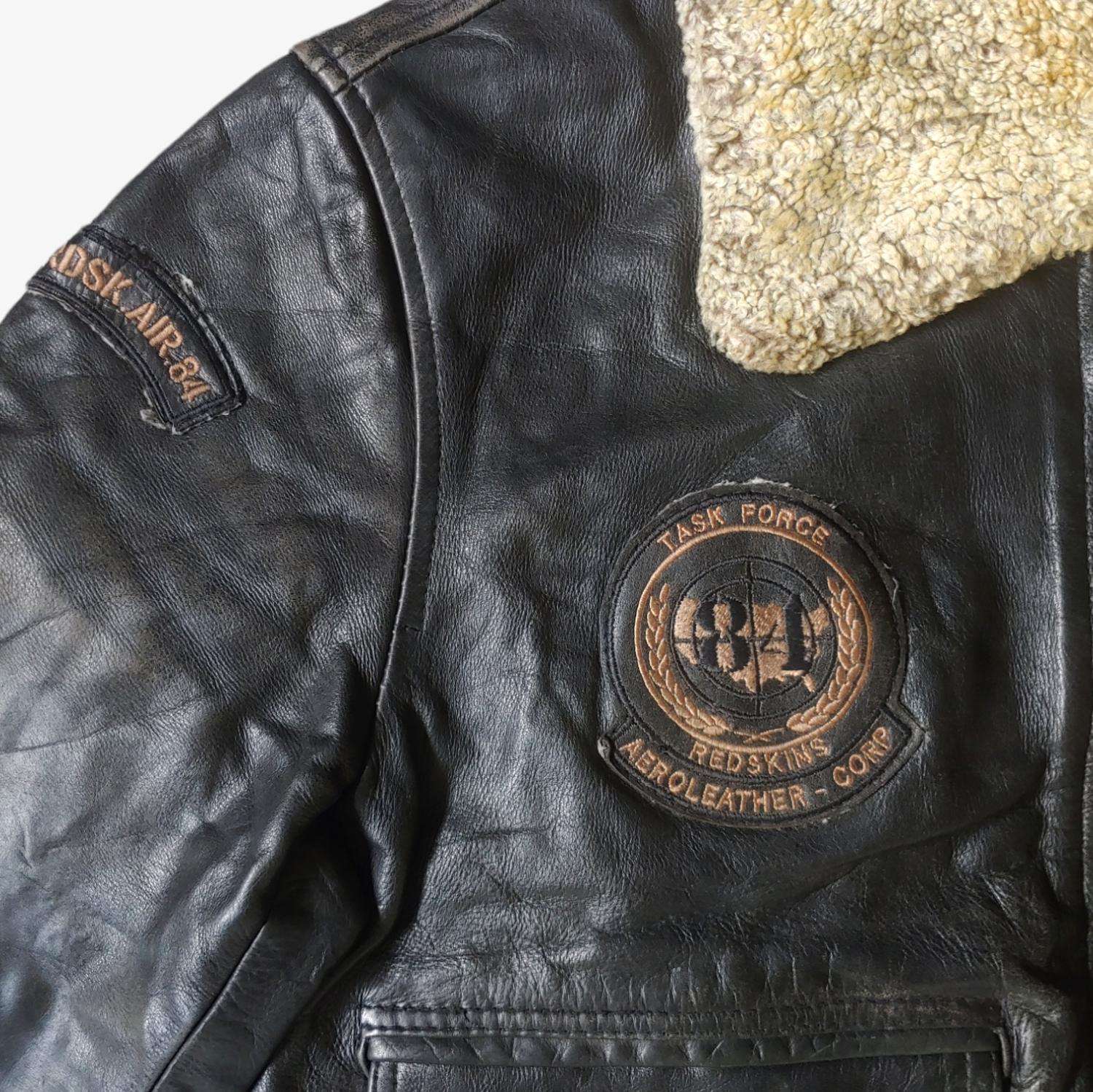 Vintage 90s Redskins Black Stone Leather Pilot Jacket With Fur Collar Badge - Casspios Dream