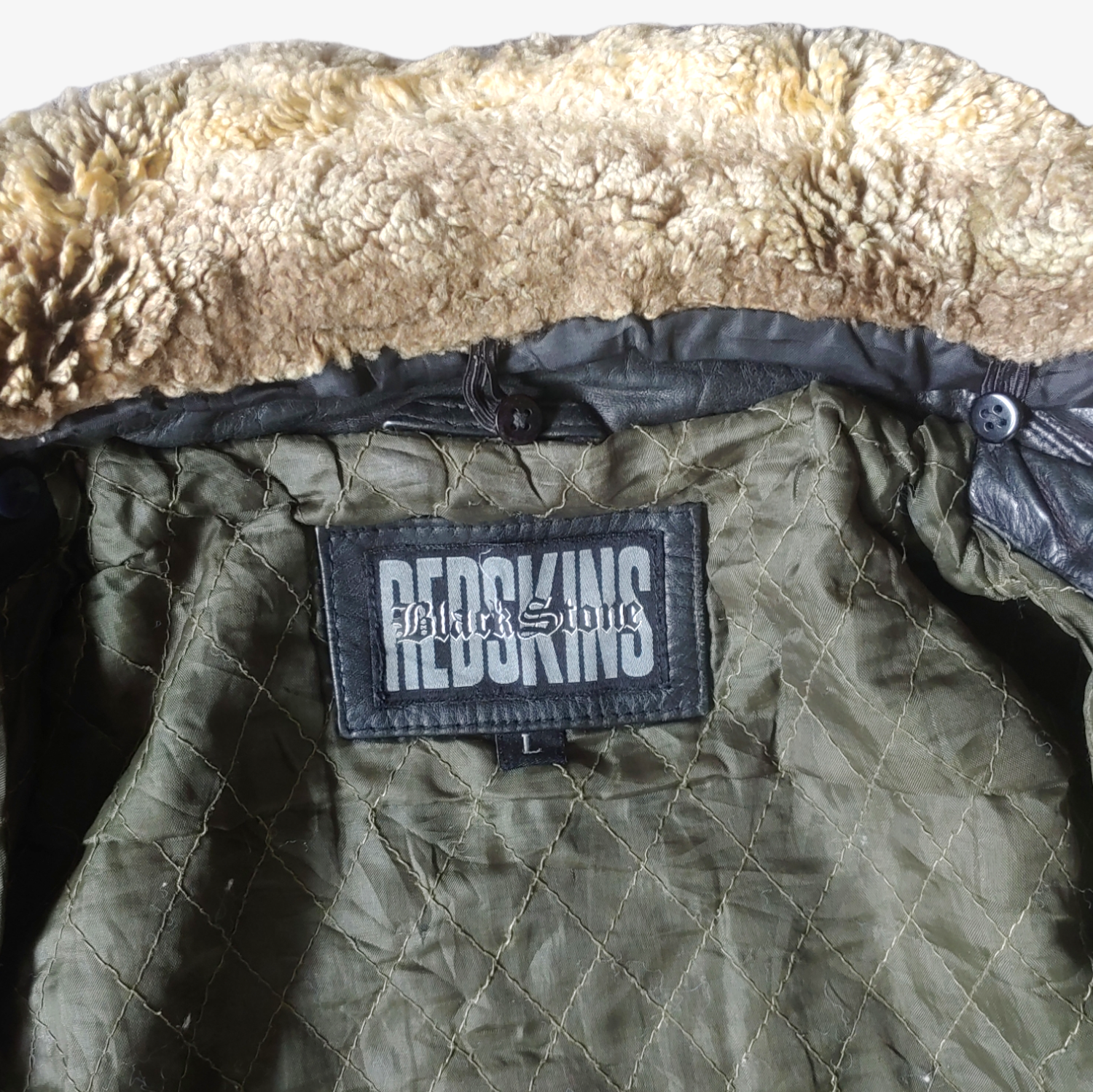 Vintage 90s Redskins Black Stone Leather Pilot Jacket With Fur Collar Label - Casspios Dream