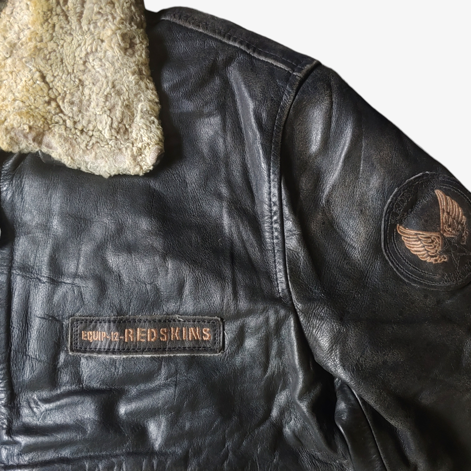 Vintage 90s Redskins Black Stone Leather Pilot Jacket With Fur Collar Logo - Casspios Dream
