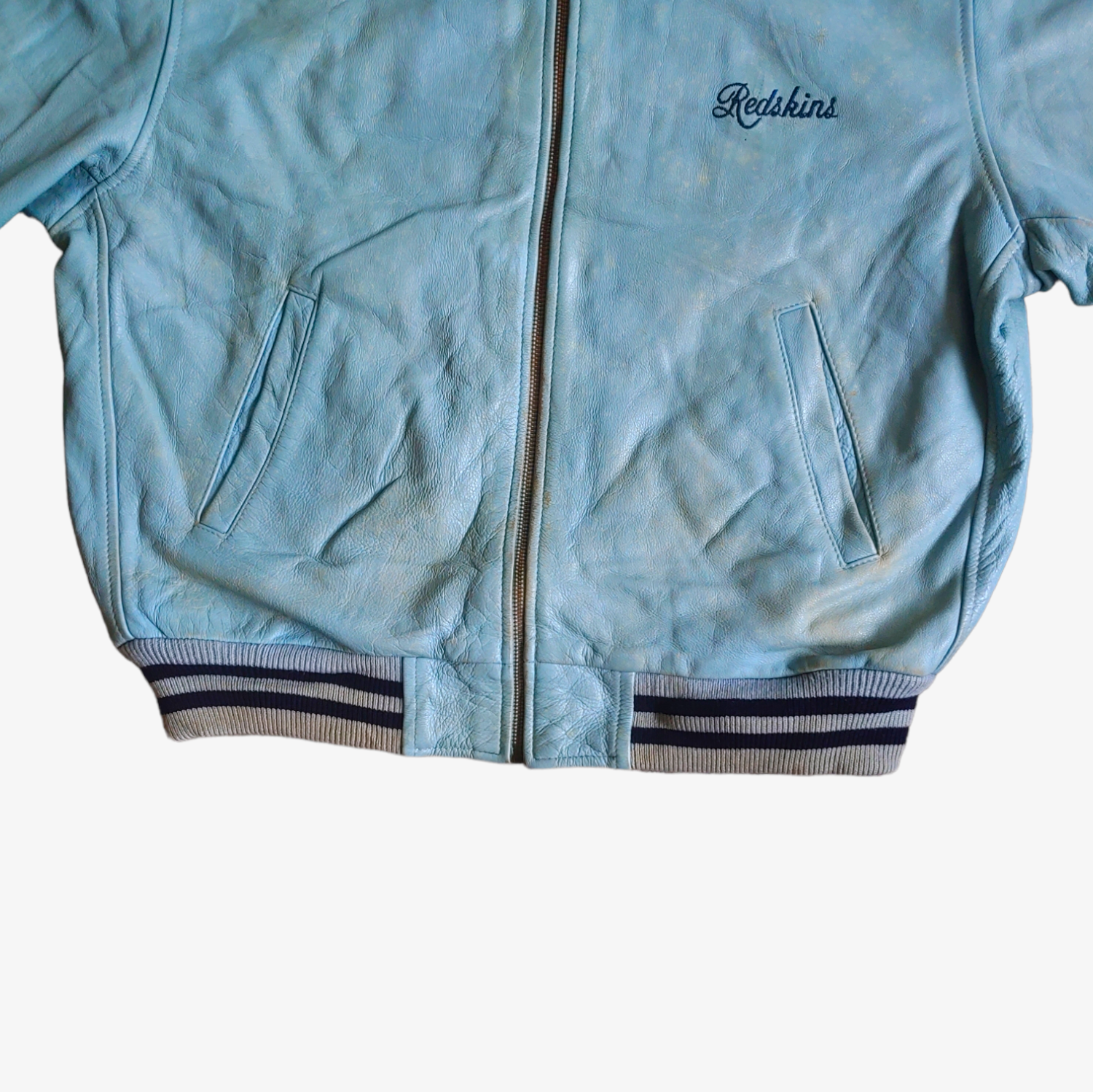 Vintage 90s Redskins Blue Leather Varsity Jacket Bottom - Casspios Dream