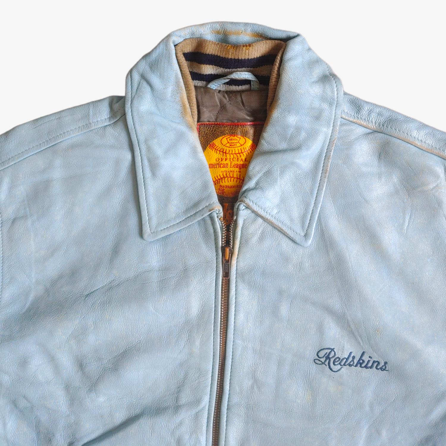 Vintage 90s Redskins Blue Leather Varsity Jacket Collar - Casspios Dream