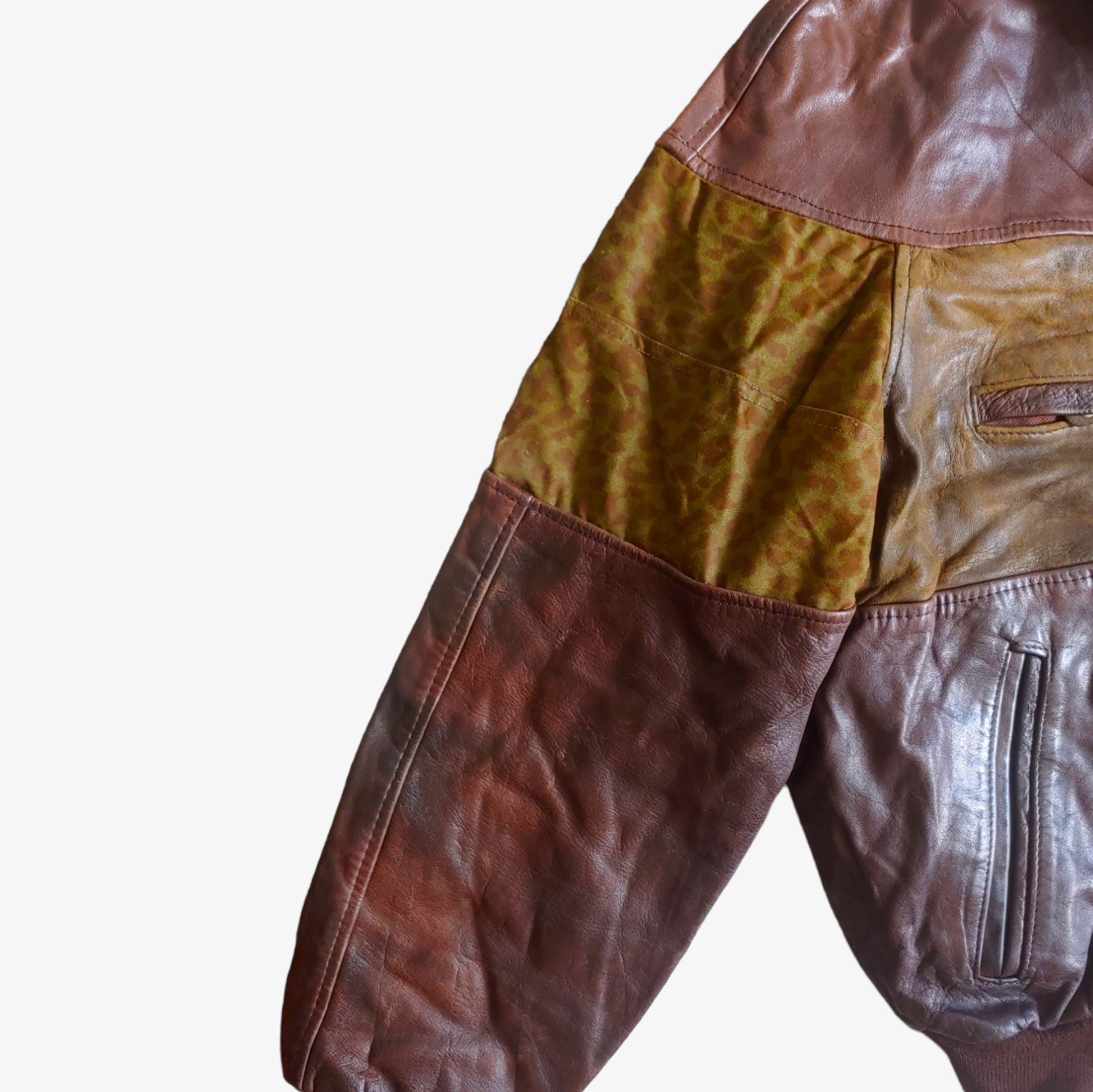 Vintage 90s Redskins Brown Cheetah Print Leather Varsity Jacket Sleeve - Casspios Dream