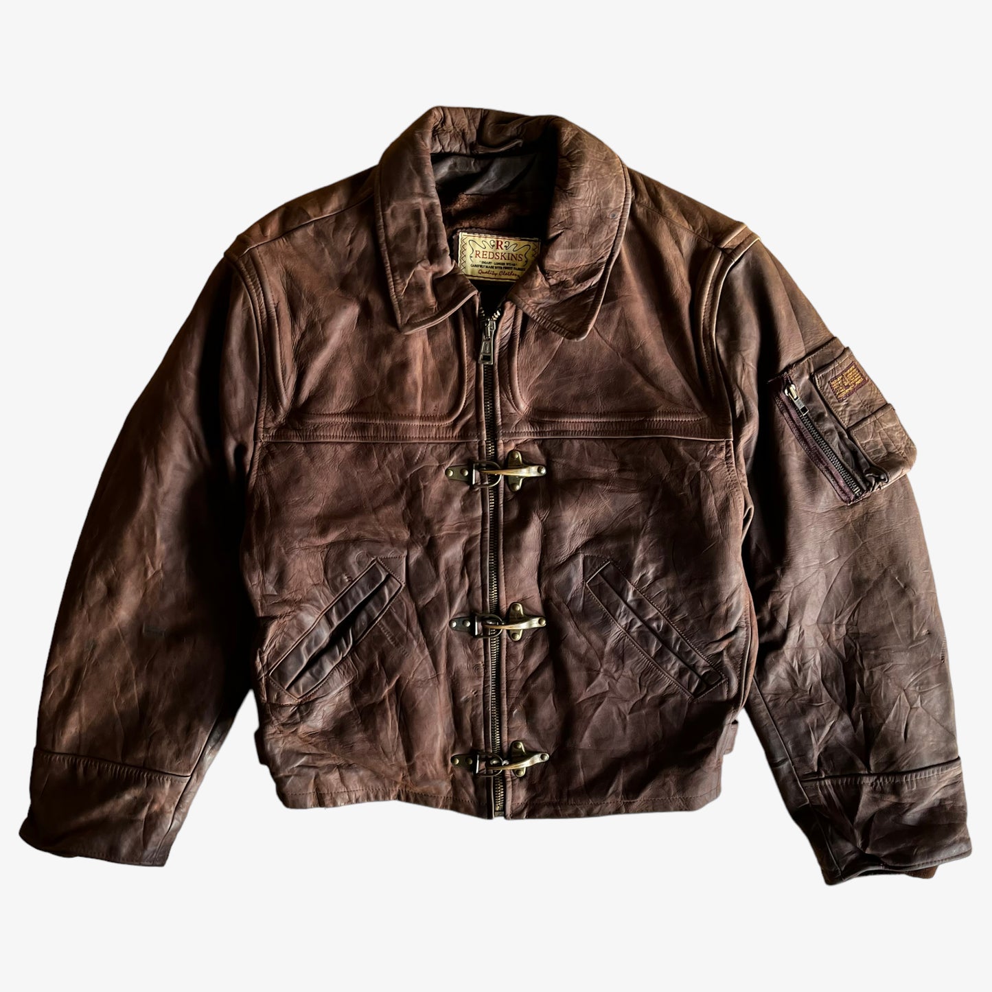 Vintage 90s Redskins Brown Leather Pilot Jacket With Fish Hook Fasteners - Casspios Dream