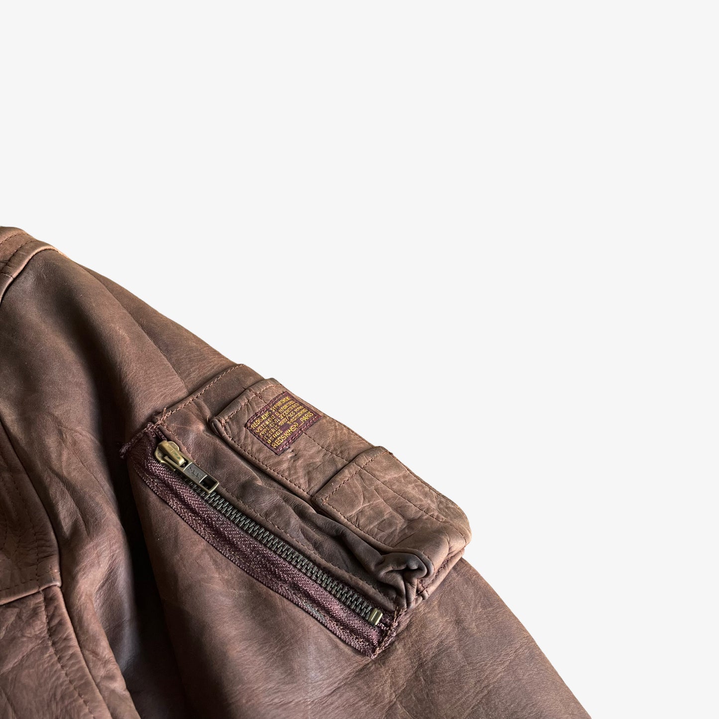 Vintage 90s Redskins Brown Leather Pilot Jacket With Fish Hook Fasteners Arm - Casspios Dream