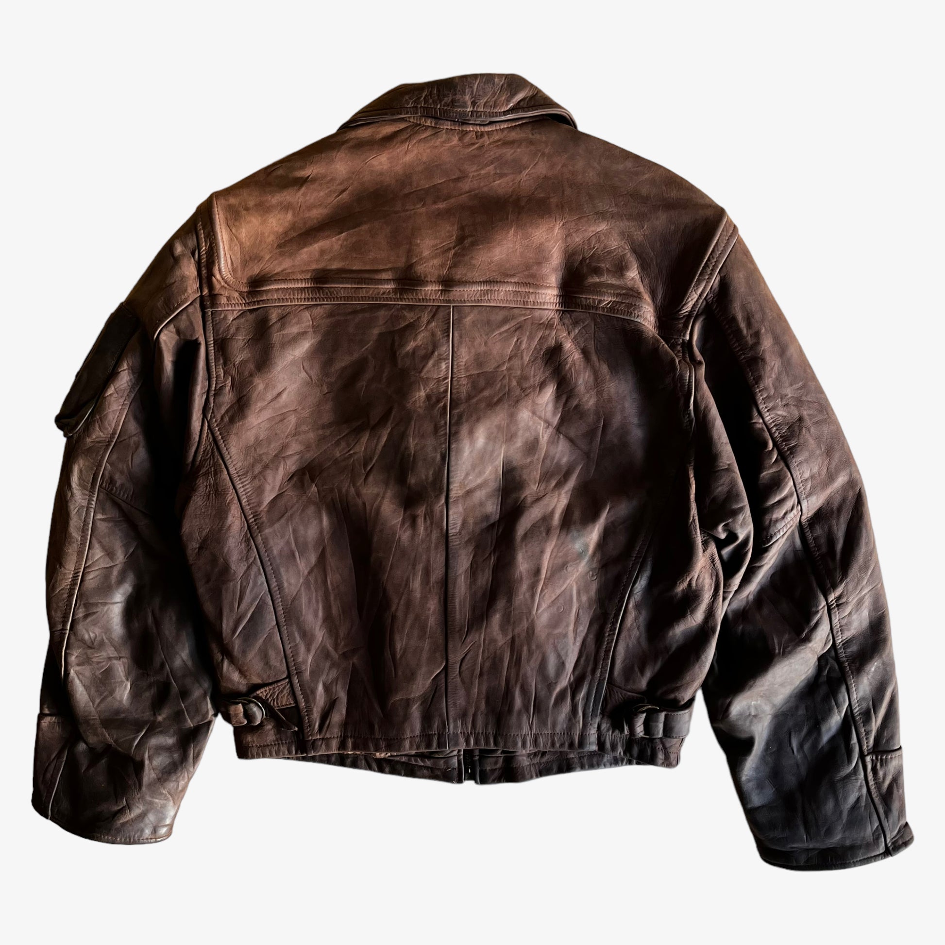 Vintage 90s Redskins Brown Leather Pilot Jacket With Fish Hook Fasteners Back - Casspios Dream