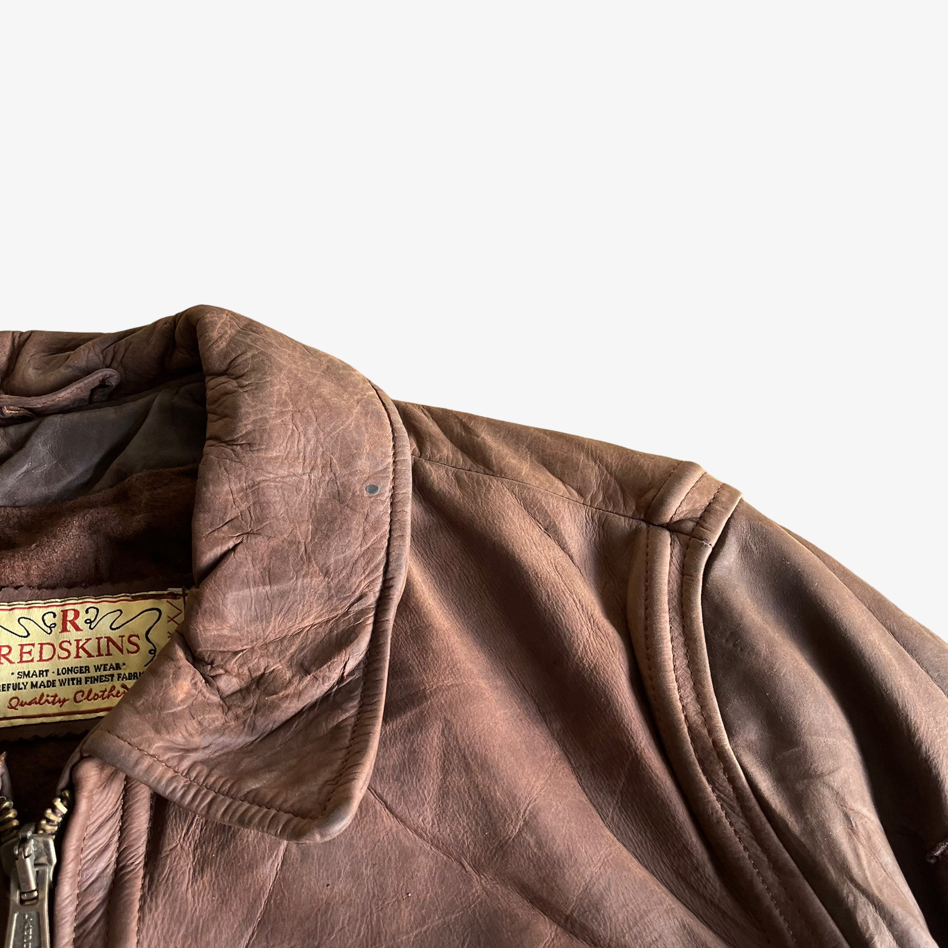 Vintage 90s Redskins Brown Leather Pilot Jacket With Fish Hook Fasteners Collar - Casspios Dream