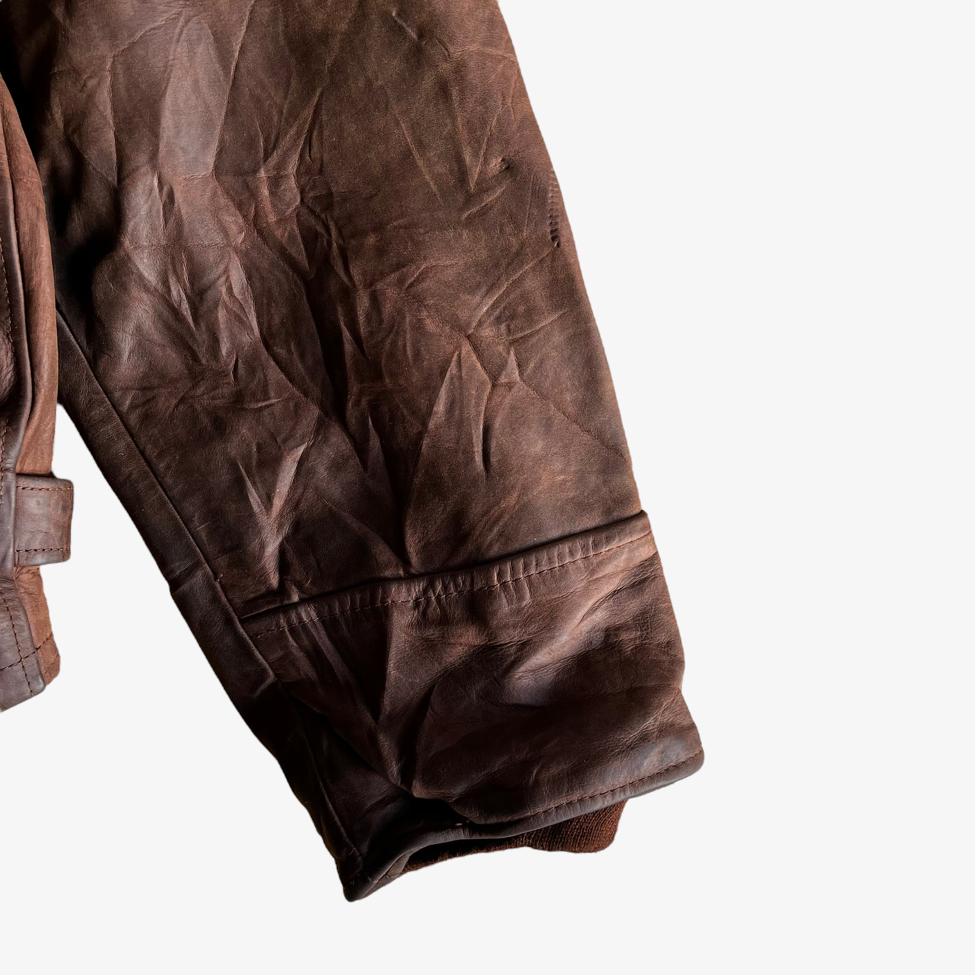 Vintage 90s Redskins Brown Leather Pilot Jacket With Fish Hook Fasteners Cuff - Casspios Dream