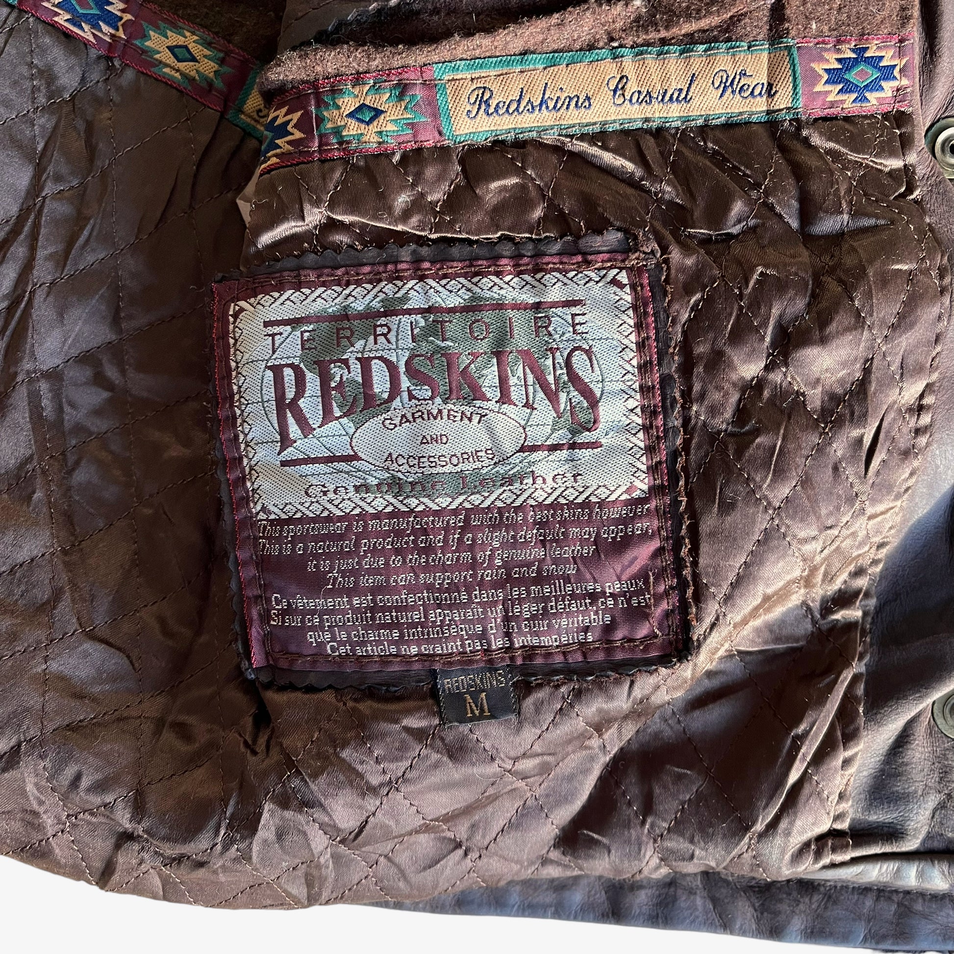 Vintage 90s Redskins Brown Leather Pilot Jacket With Fish Hook Fasteners Inside Label - Casspios Dream