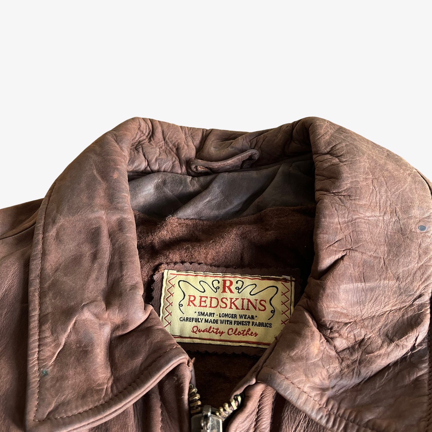 Vintage 90s Redskins Brown Leather Pilot Jacket With Fish Hook Fasteners Label - Casspios Dream