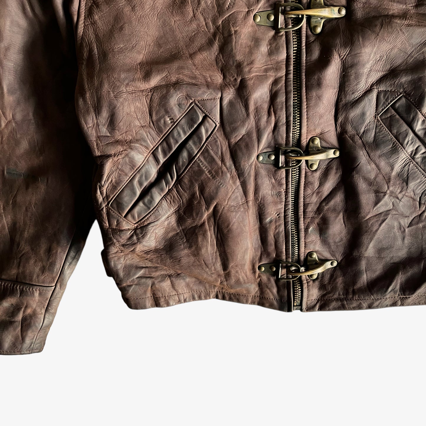 Vintage 90s Redskins Brown Leather Pilot Jacket With Fish Hook Fasteners Pocket - Casspios Dream