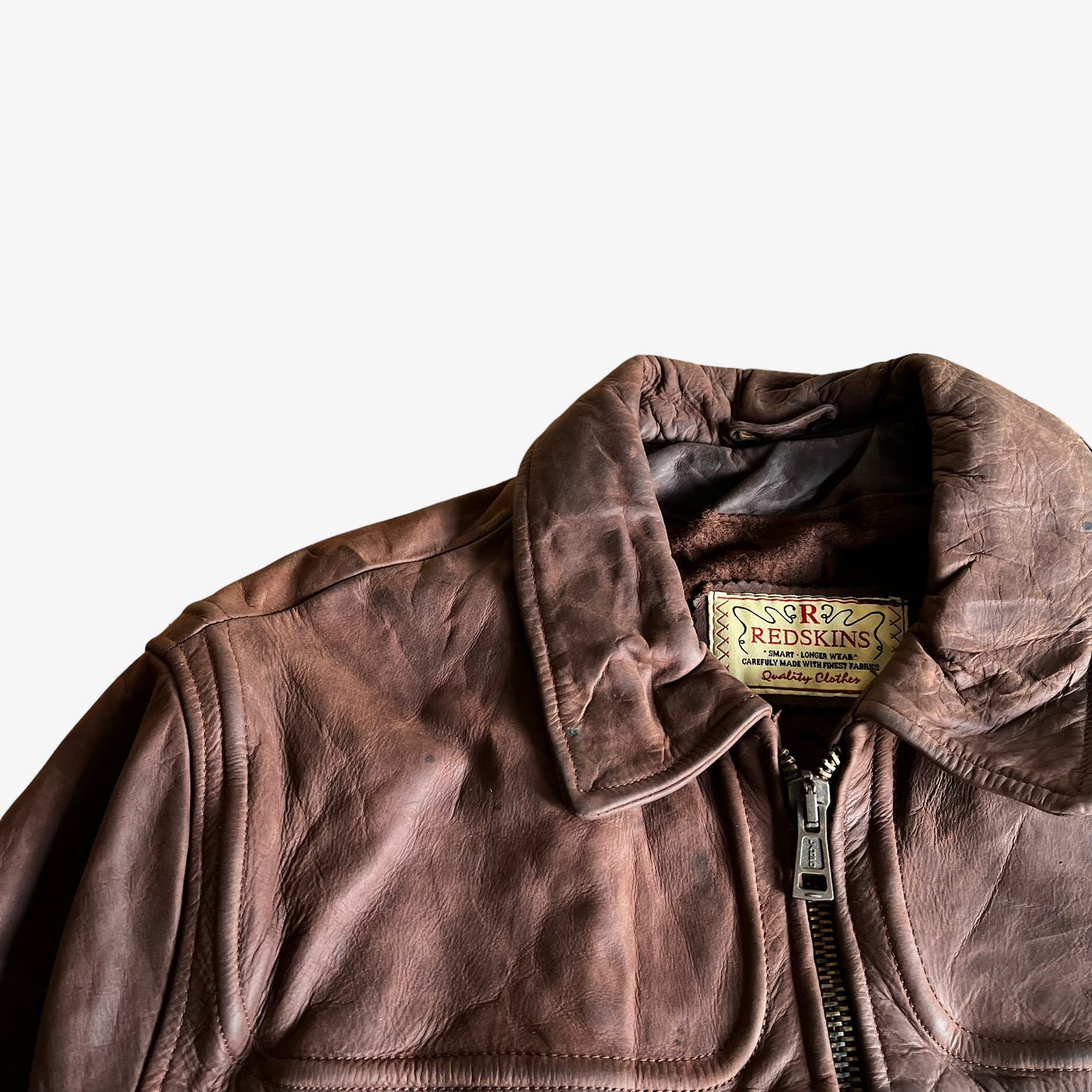 Vintage 90s Redskins Brown Leather Pilot Jacket With Fish Hook Fasteners Shoulder - Casspios Dream