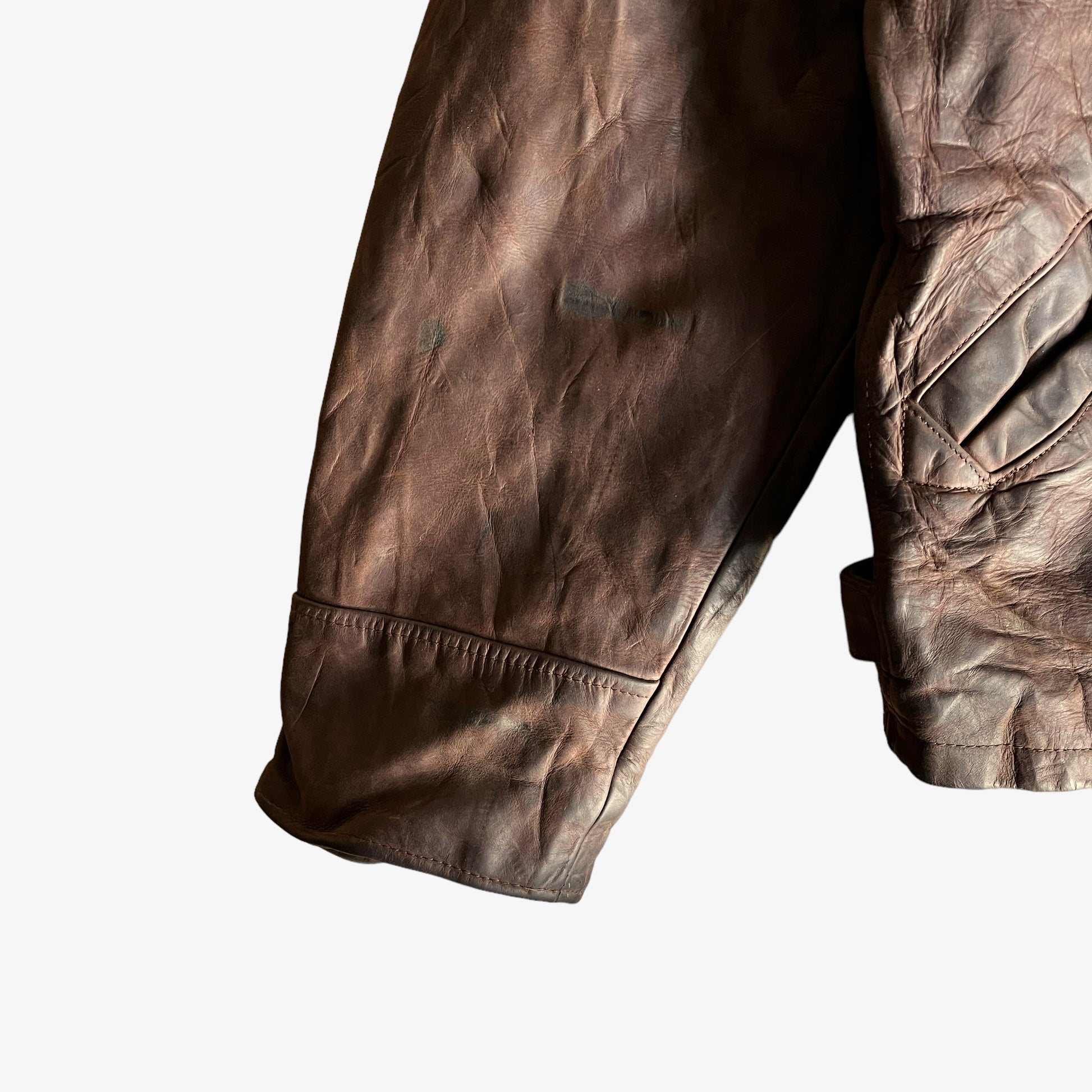 Vintage 90s Redskins Brown Leather Pilot Jacket With Fish Hook Fasteners Sleeve - Casspios Dream