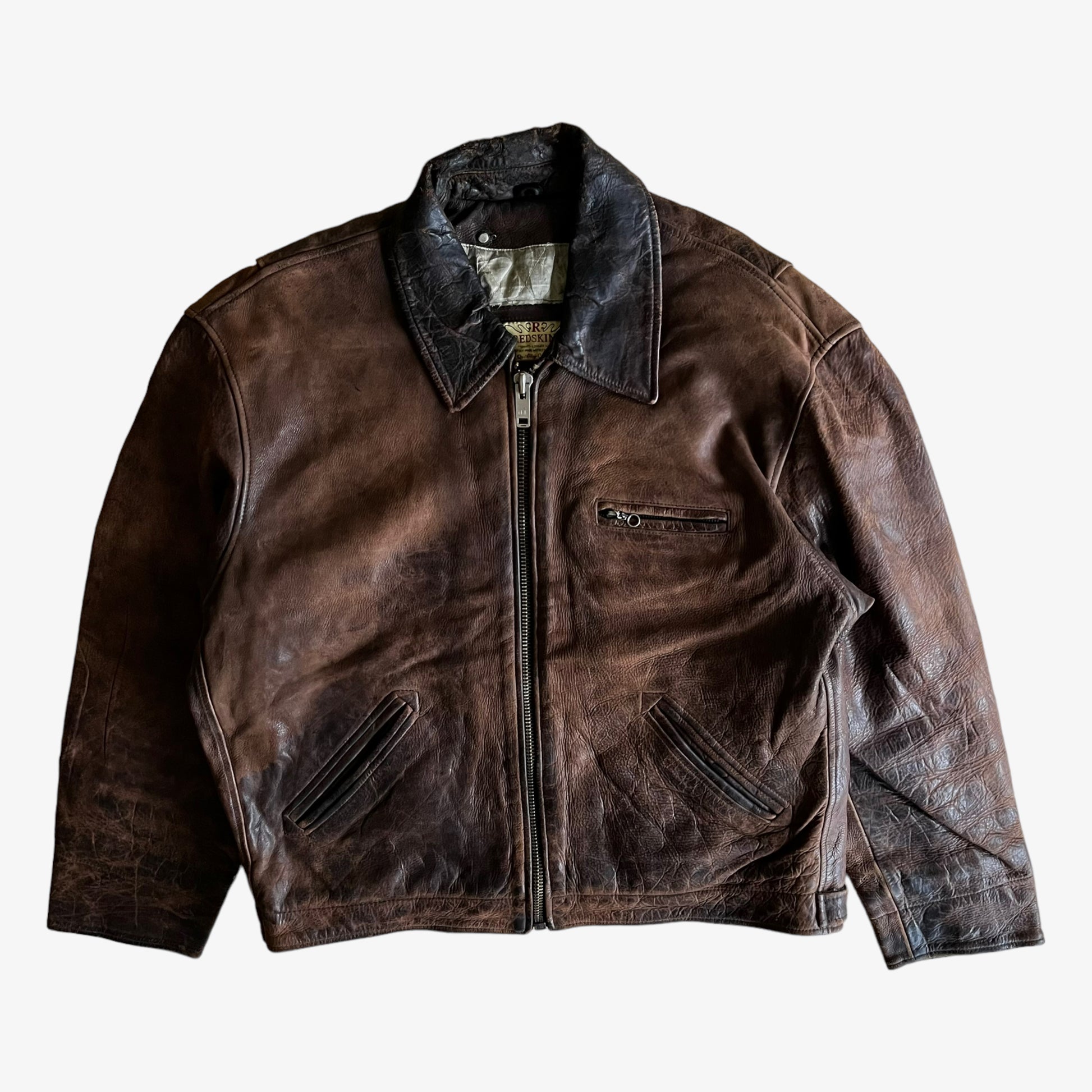 Vintage 90s Redskins Brown Leather Trucker Jacket - Casspios Dream