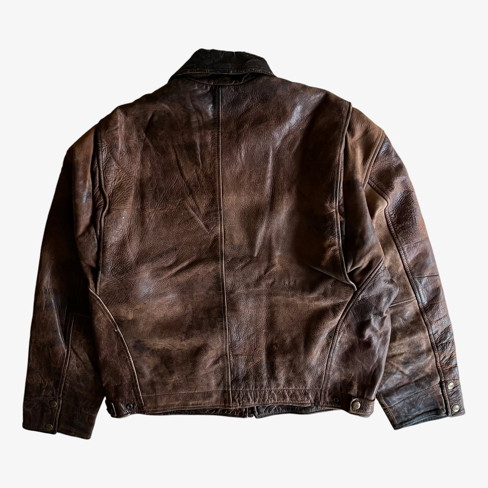 Vintage 90s Redskins Brown Leather Trucker Jacket Back - Casspios Dream