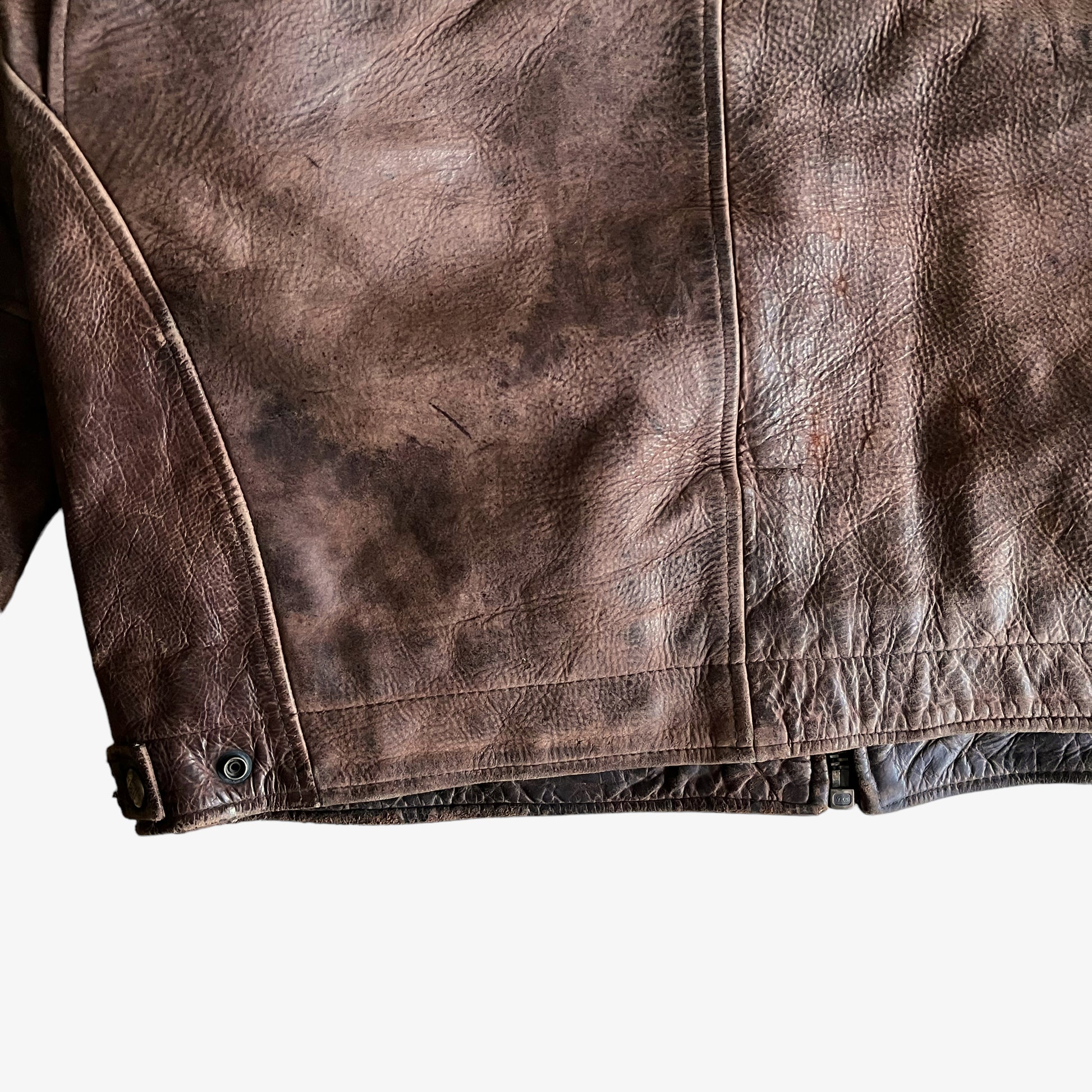 Vintage 90s Redskins Brown Leather Trucker Jacket Back Hem - Casspios Dream