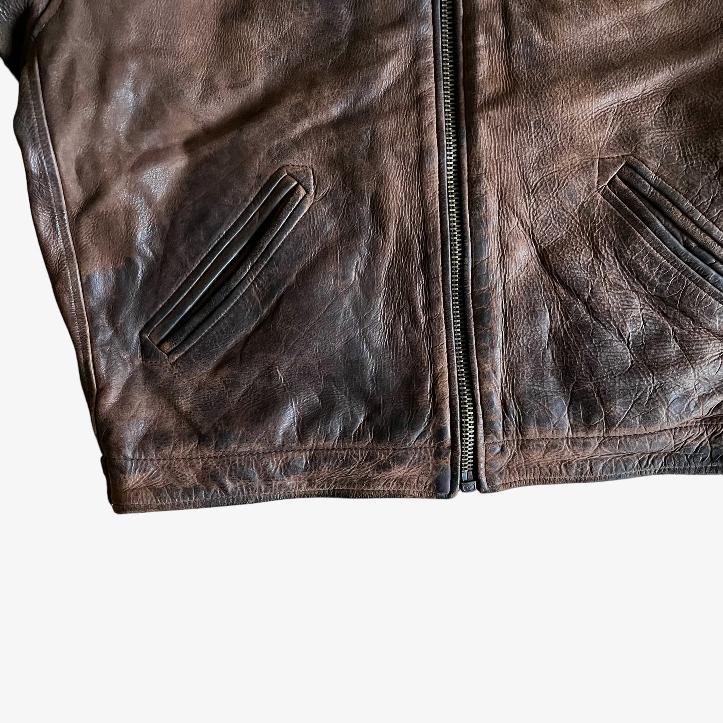 Vintage 90s Redskins Brown Leather Trucker Jacket Hem - Casspios Dream