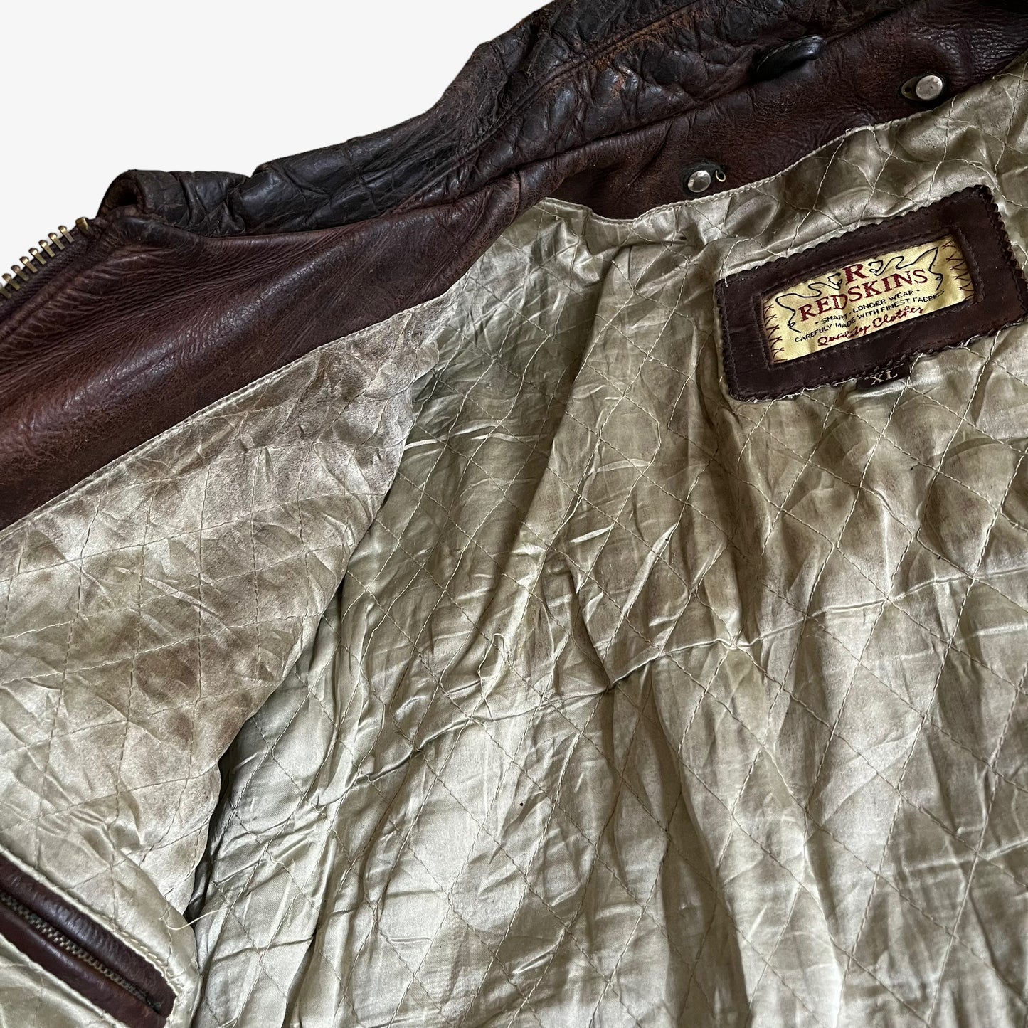 Vintage 90s Redskins Brown Leather Trucker Jacket Inside Wear - Casspios Dream