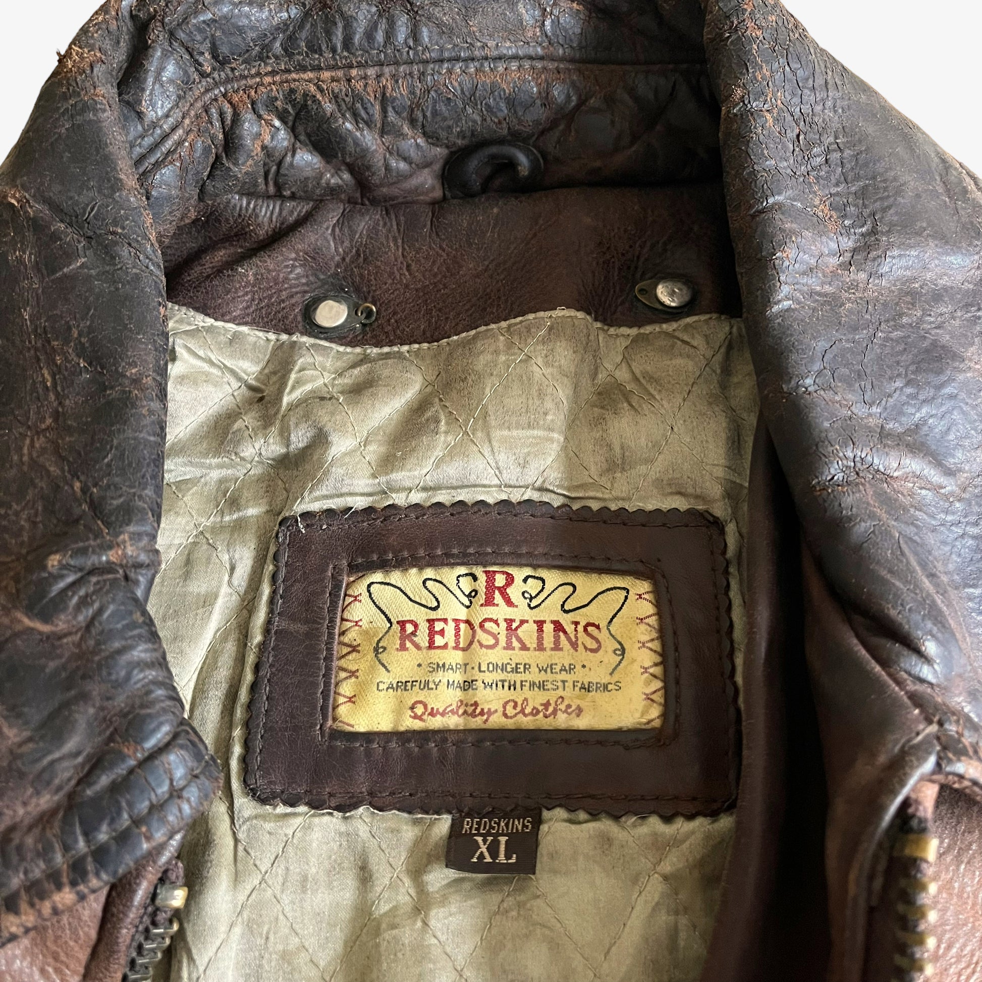Vintage 90s Redskins Brown Leather Trucker Jacket Label - Casspios Dream