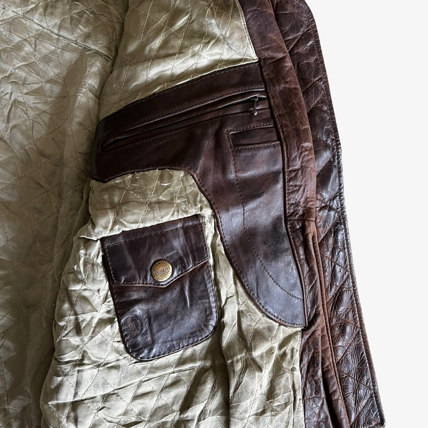 Vintage 90s Redskins Brown Leather Trucker Jacket Pocket - Casspios Dream