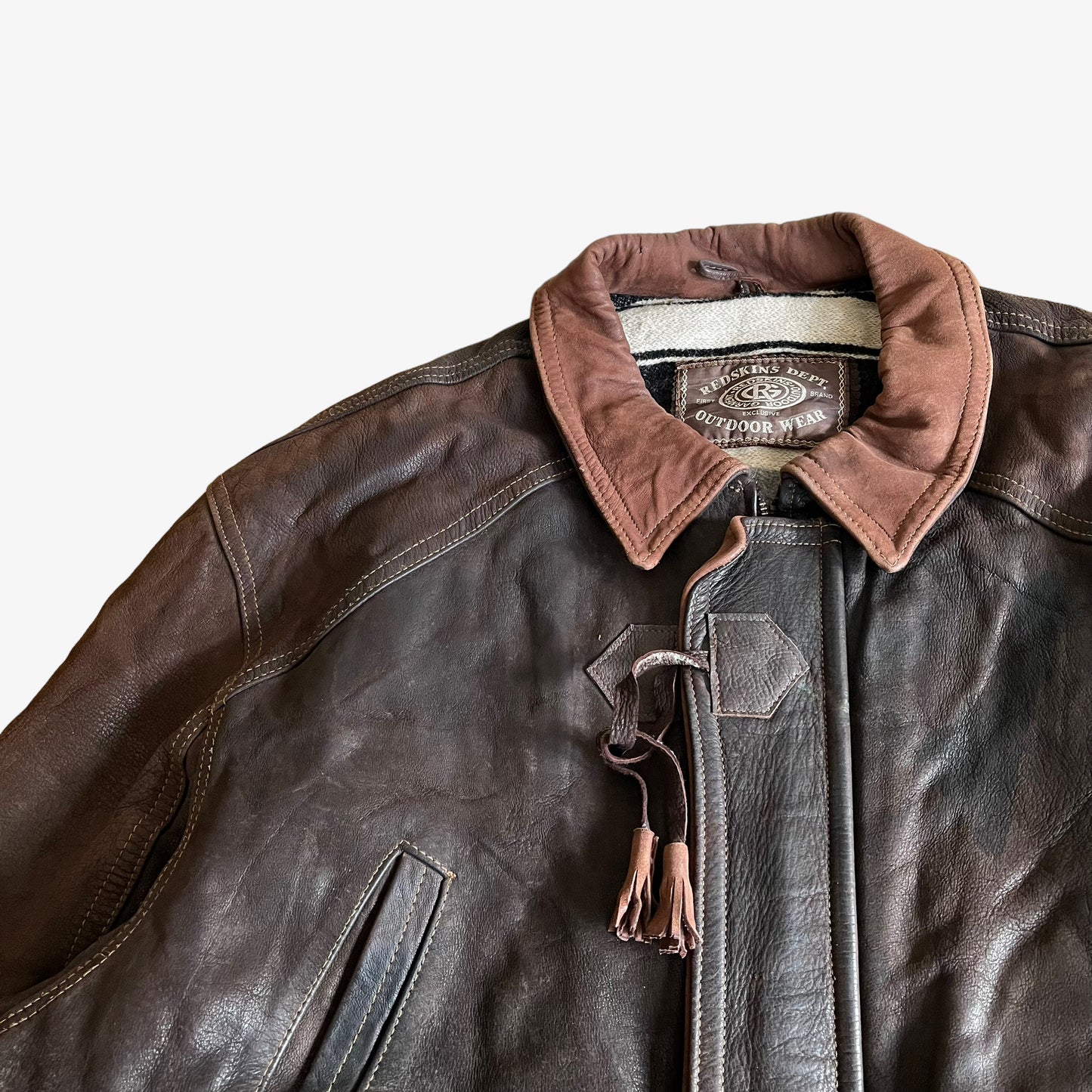 Vintage 90s Redskins Dept Brown Leather Jacket With Toggle Fasteners Collar - Casspios Dream
