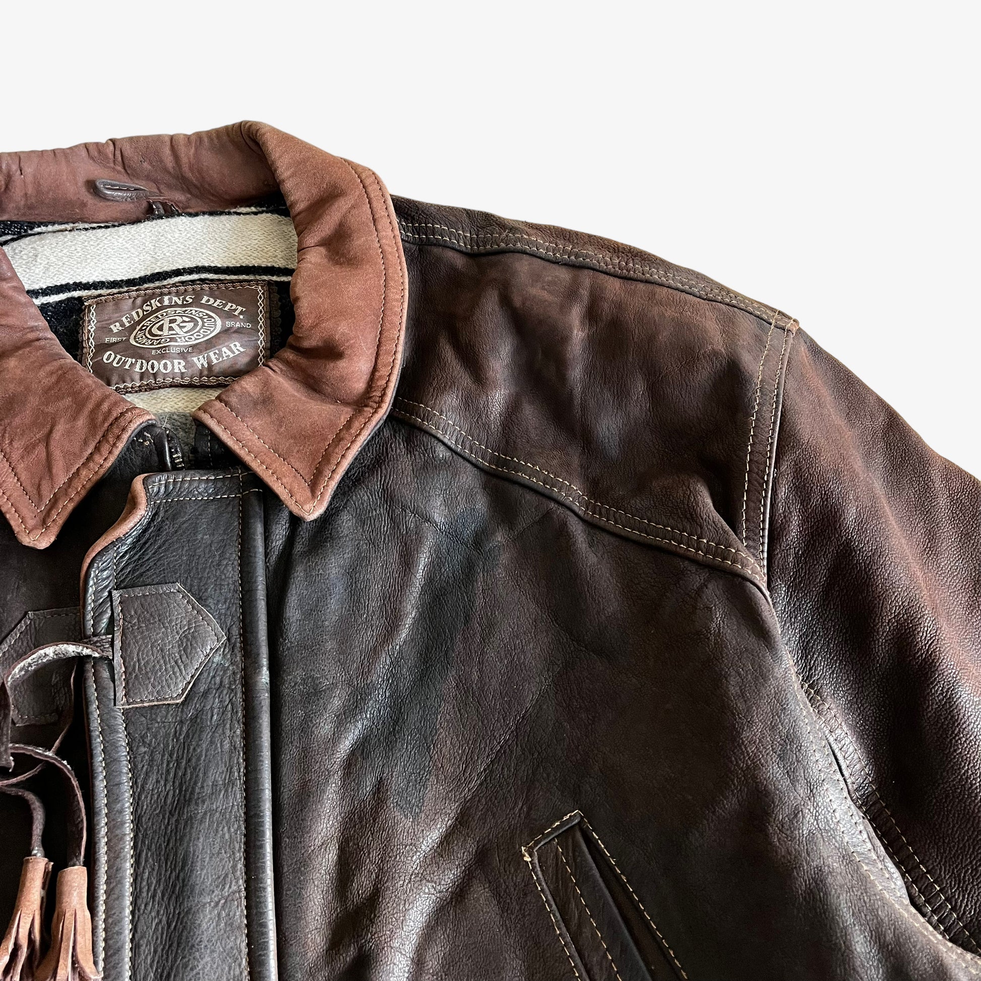 Vintage 90s Redskins Dept Brown Leather Jacket With Toggle Fasteners Wear - Casspios Dream