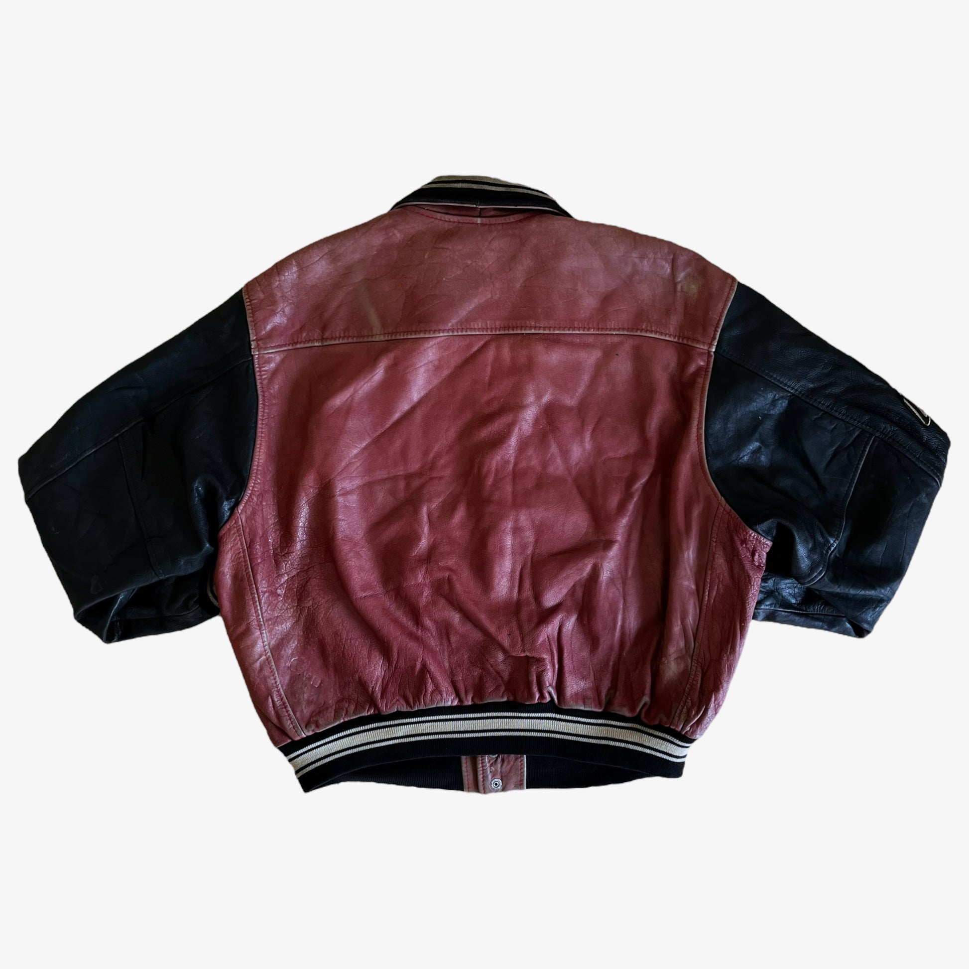 Vintage 90s Redskins Red Leather Teddy 93 Varsity Jacket Back - Casspios Dream