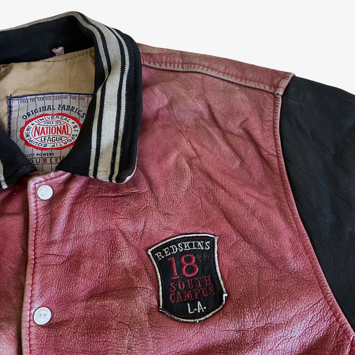 Vintage 90s Redskins Red Leather Teddy 93 Varsity Jacket Badge - Casspios Dream