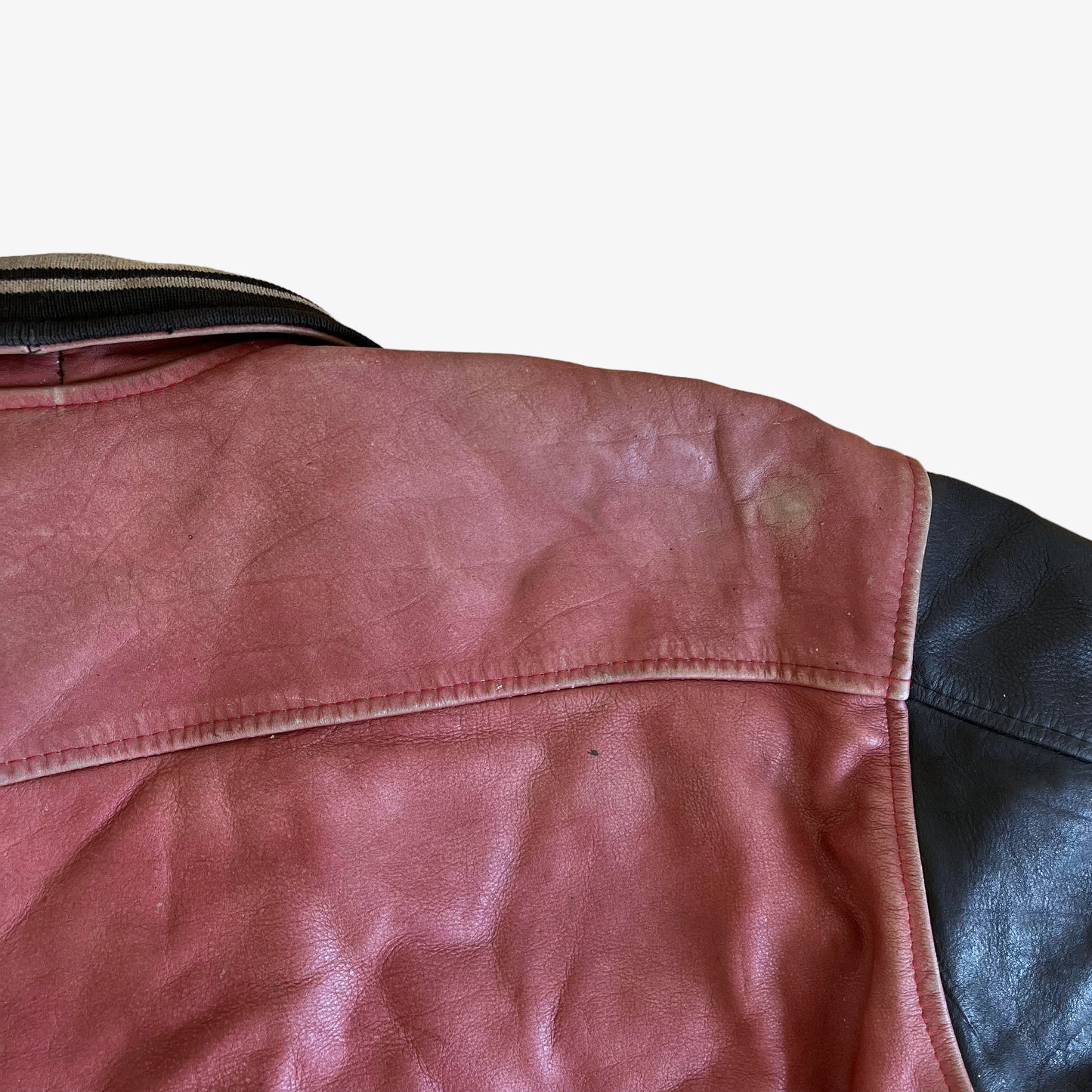 Vintage 90s Redskins Red Leather Teddy 93 Varsity Jacket Shoulder Wear - Casspios Dream