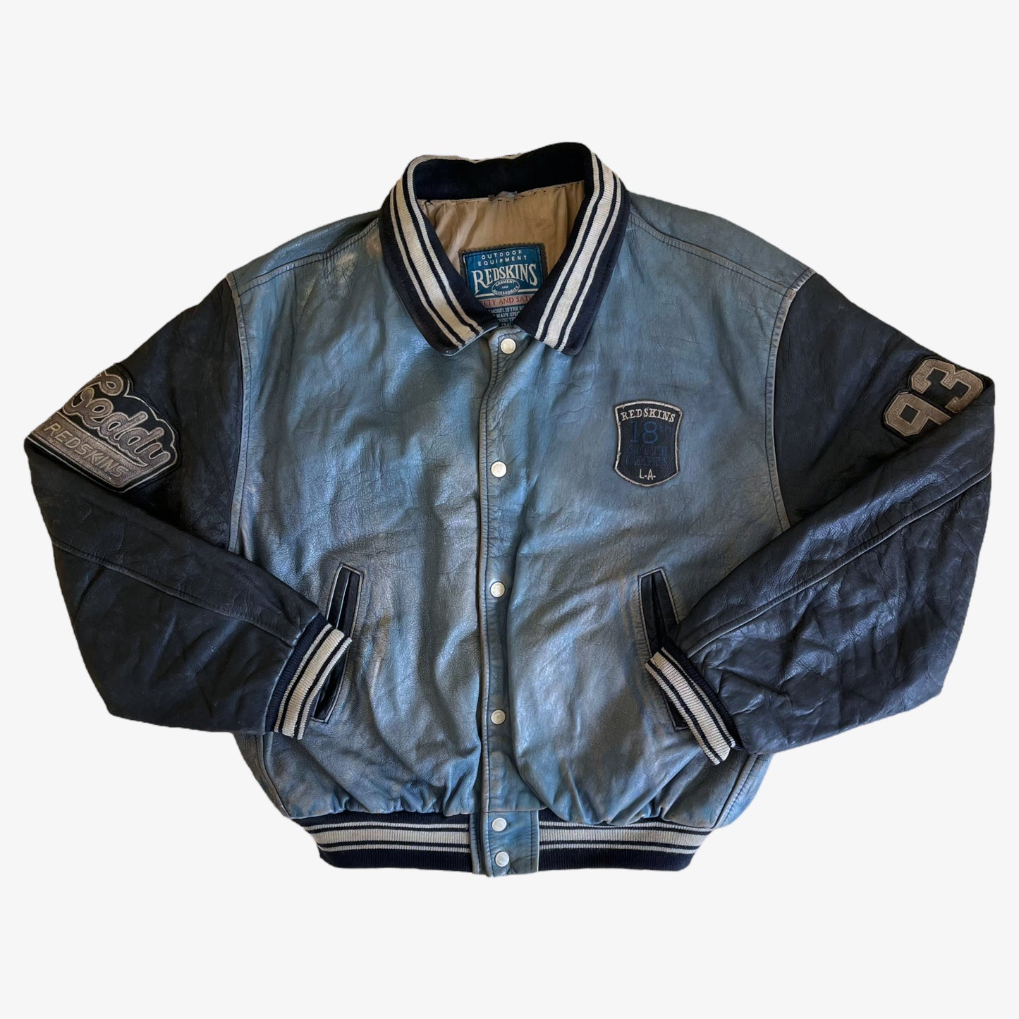 Vintage 90s Redskins Teddy 93 Blue Leather Varsity Jacket - Casspios Dream