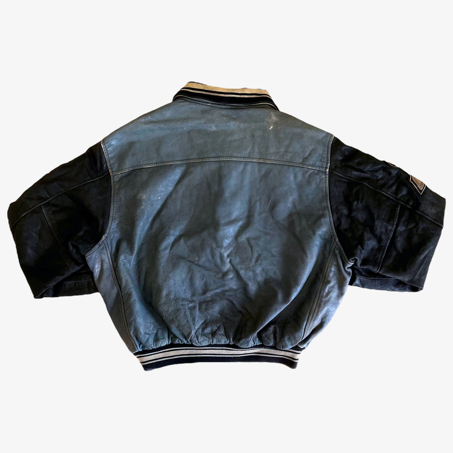 Vintage 90s Redskins Teddy 93 Blue Leather Varsity Jacket Back - Casspios Dream
