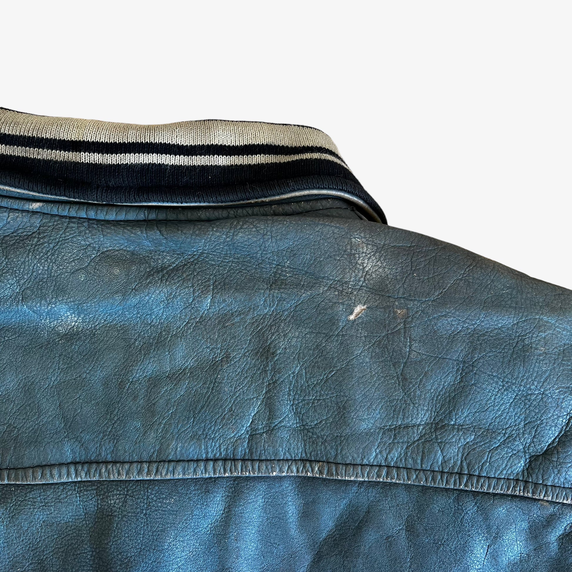 Vintage 90s Redskins Teddy 93 Blue Leather Varsity Jacket Back Collar - Casspios Dream