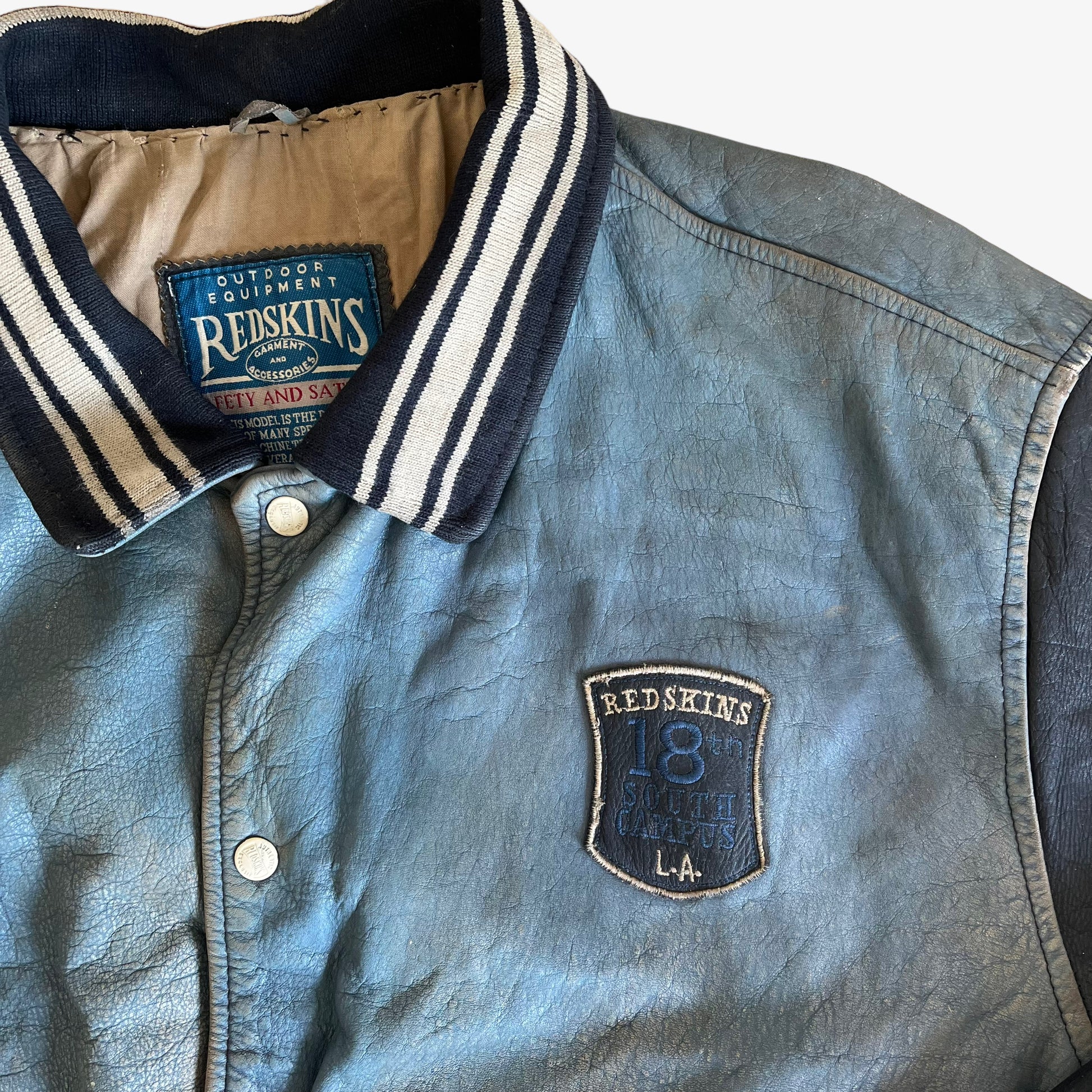 Vintage 90s Redskins Teddy 93 Blue Leather Varsity Jacket Badge - Casspios Dream