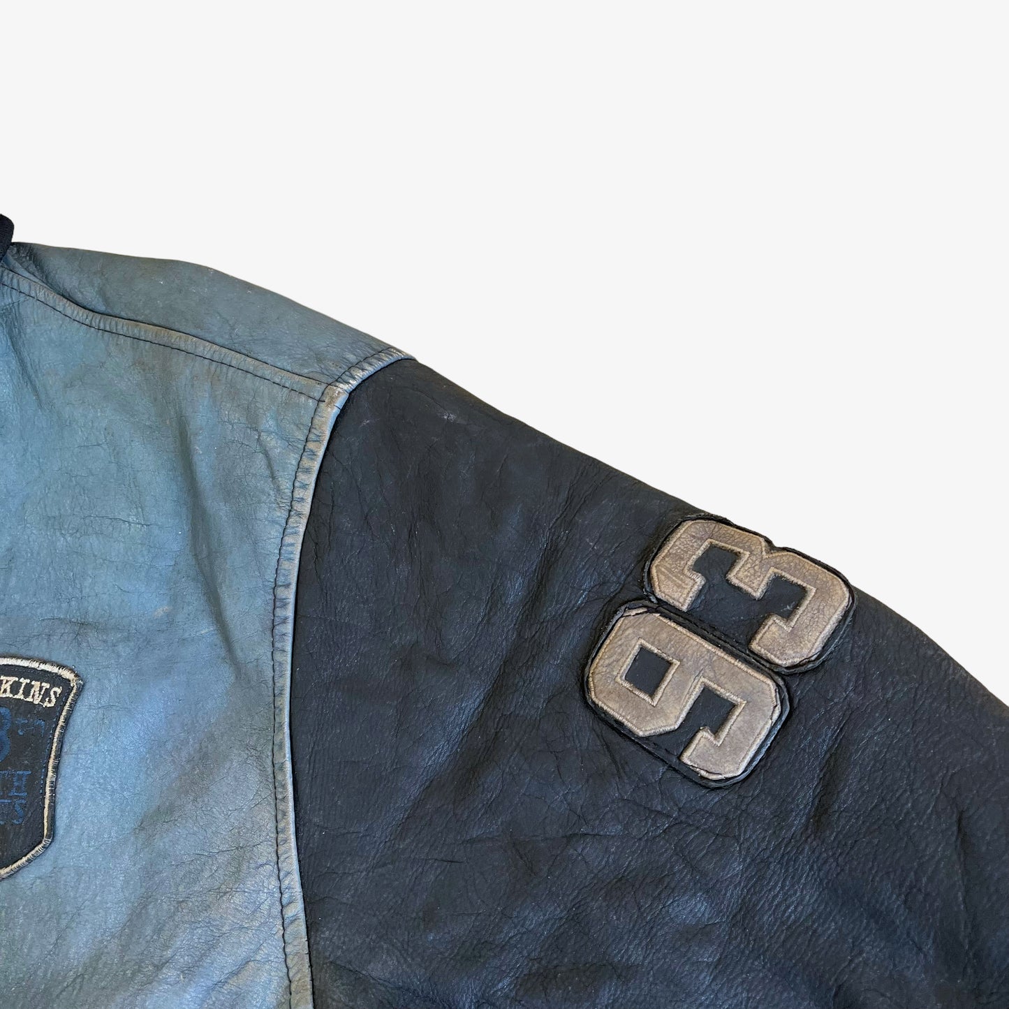 Vintage 90s Redskins Teddy 93 Blue Leather Varsity Jacket Crest - Casspios Dream