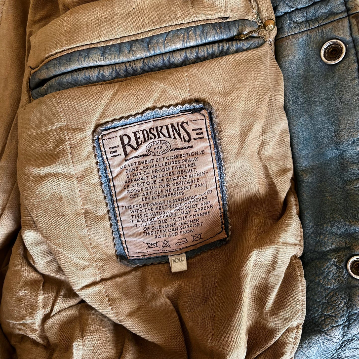 Vintage 90s Redskins Teddy 93 Blue Leather Varsity Jacket Inside Label - Casspios Dream