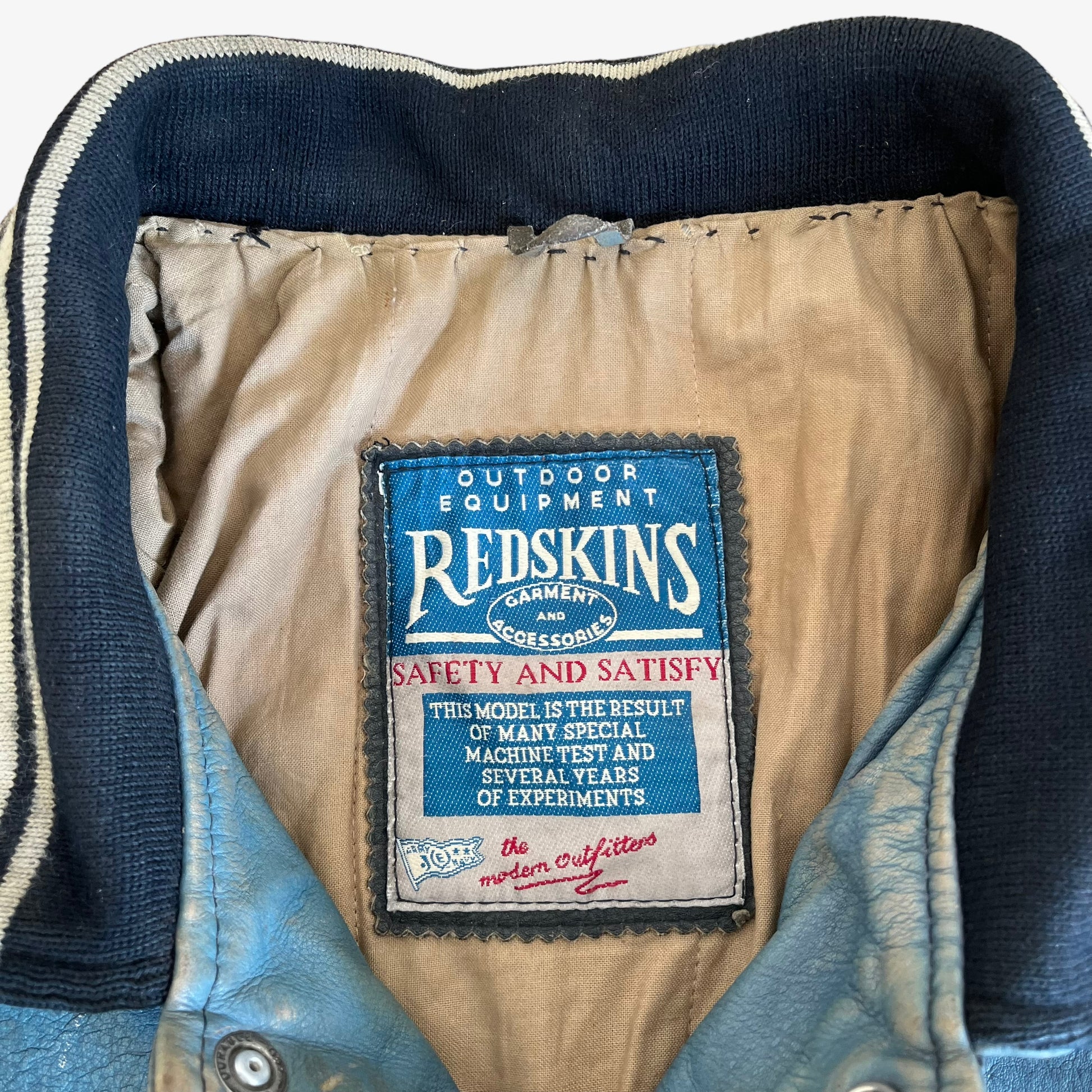 Vintage 90s Redskins Teddy 93 Blue Leather Varsity Jacket Label - Casspios Dream