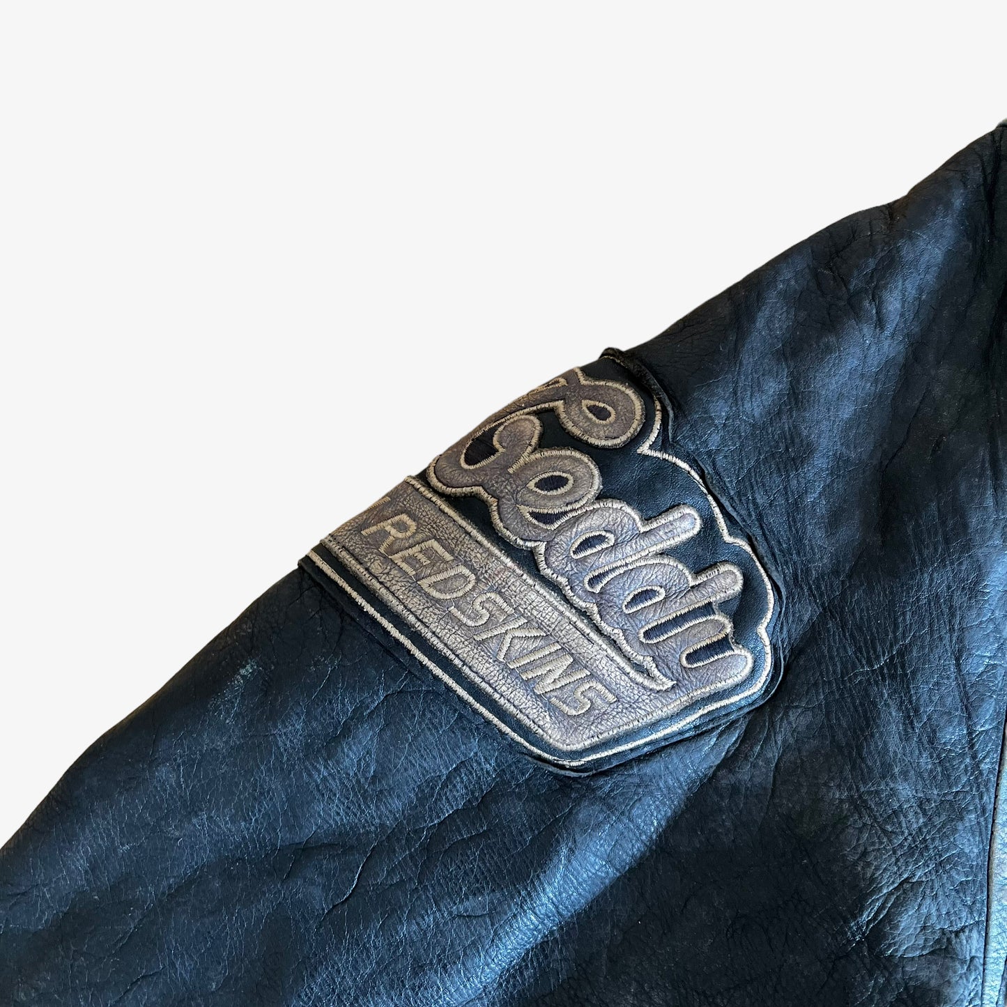 Vintage 90s Redskins Teddy 93 Blue Leather Varsity Jacket Logo - Casspios Dream