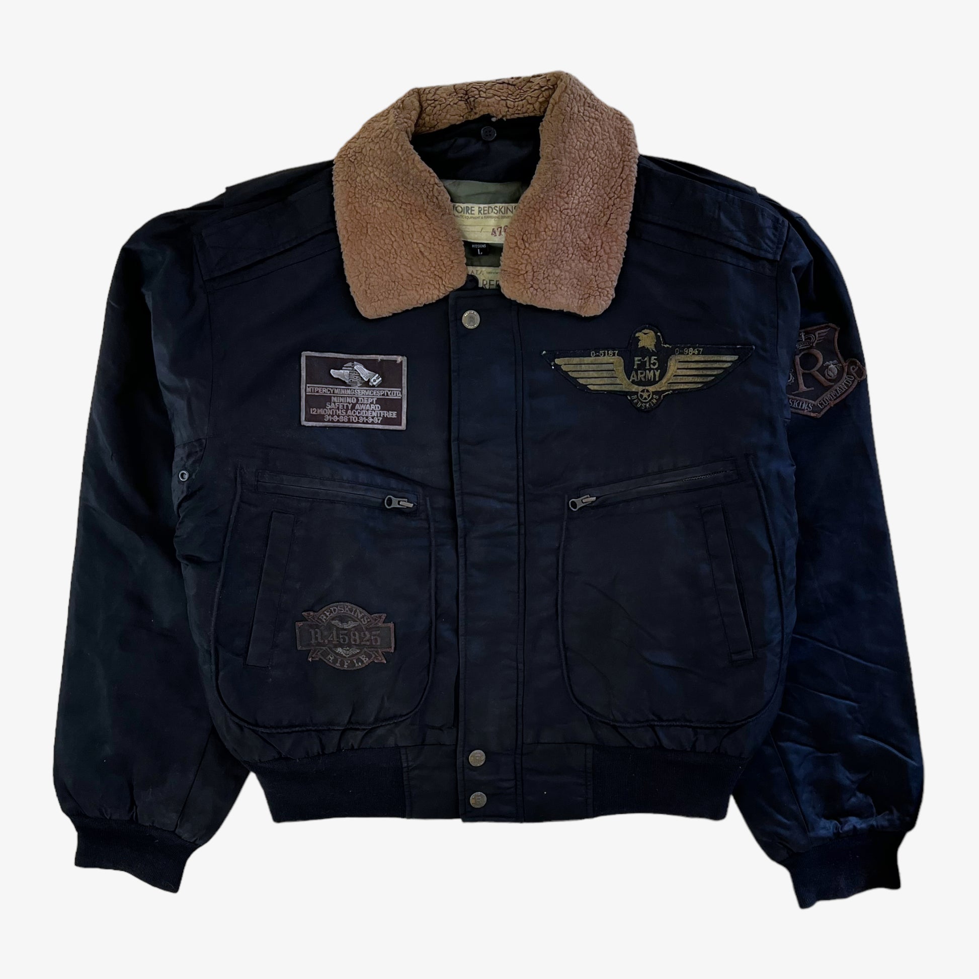 Vintage 90s Redskins Territoire Black Bomber Jacket With Fur Collar - Casspios Dream