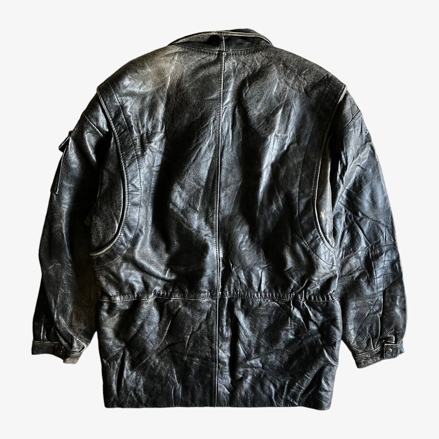Vintage 90s Redskins Type B32 Black Leather Utility Jacket Back - Casspios Dream