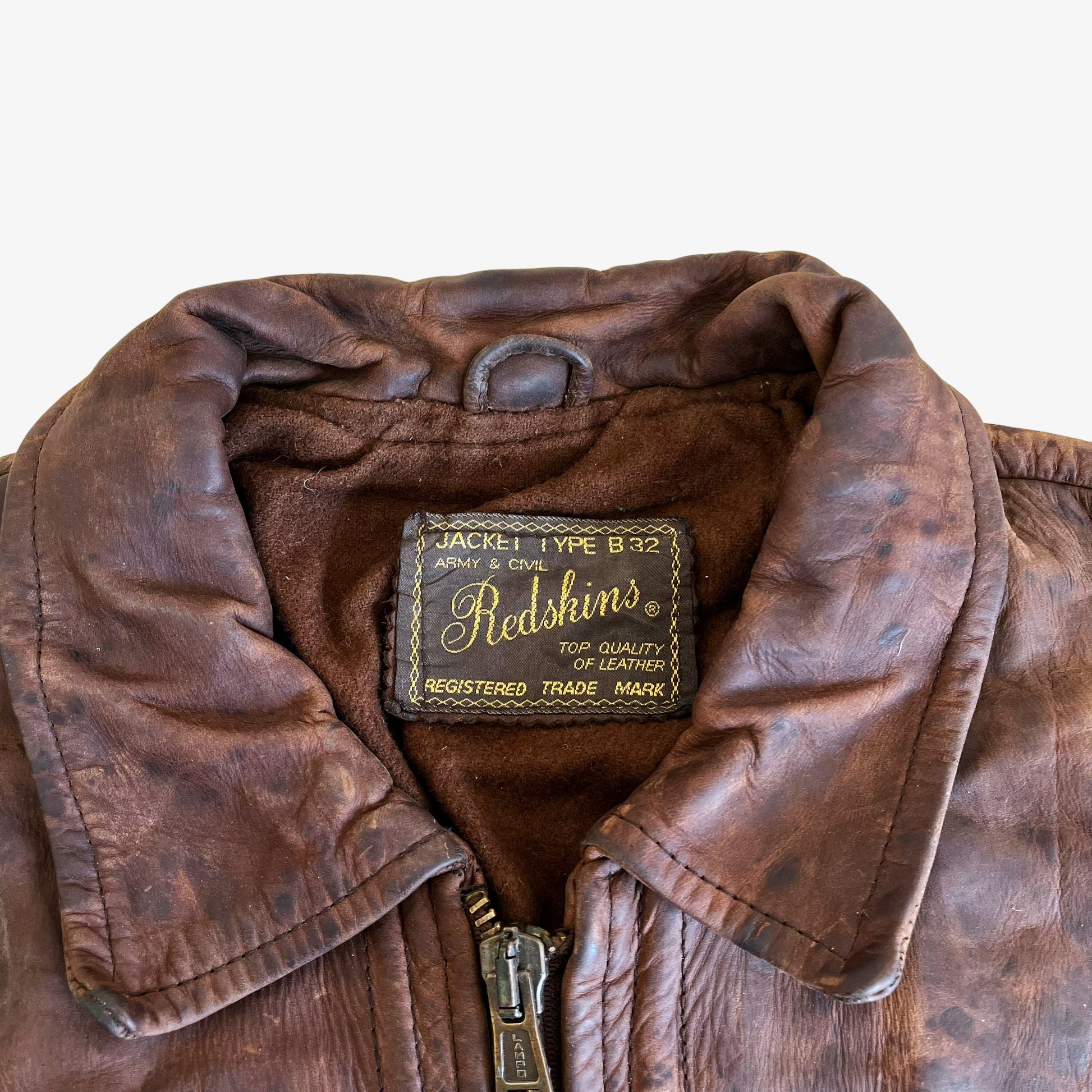 Vintage 90s Redskins Type B32 Brown Leather Pilot Jacket With Hook Fasteners Label - Casspios Dream