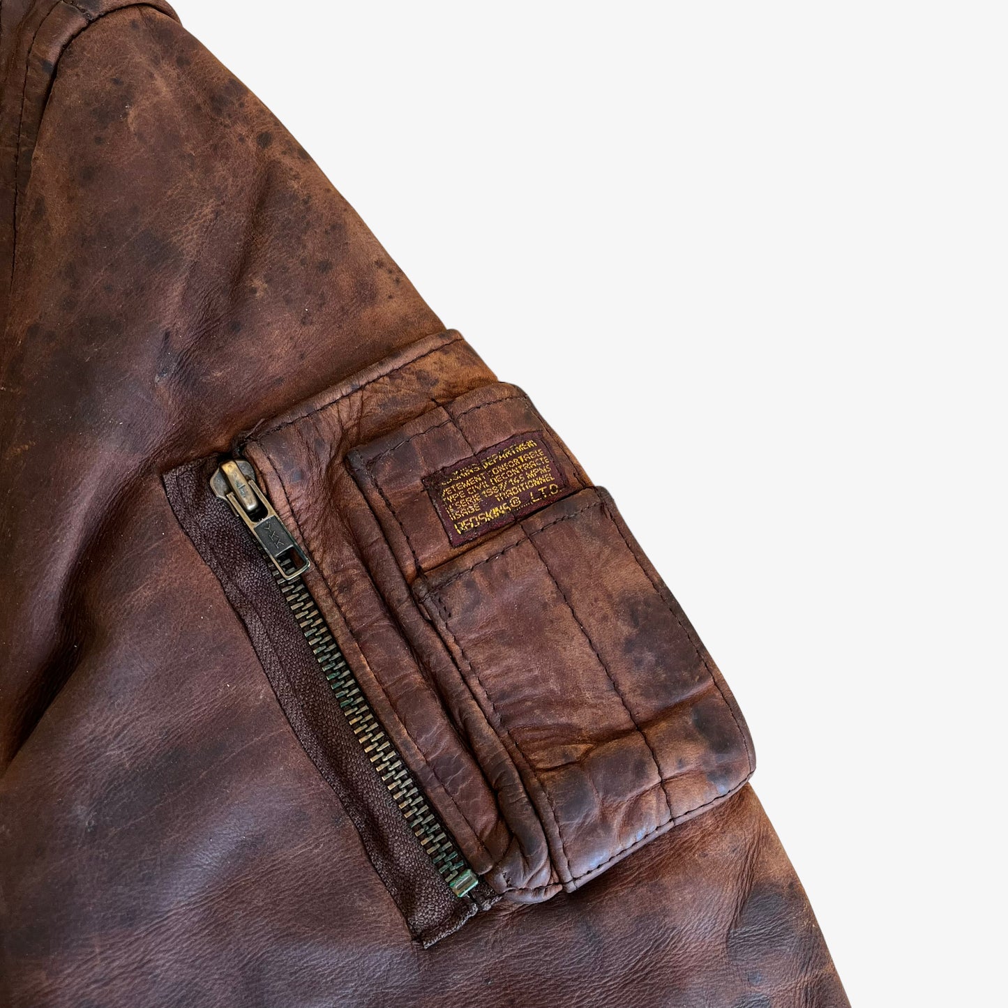 Vintage 90s Redskins Type B32 Brown Leather Pilot Jacket With Hook Fasteners Pocket - Casspios Dream