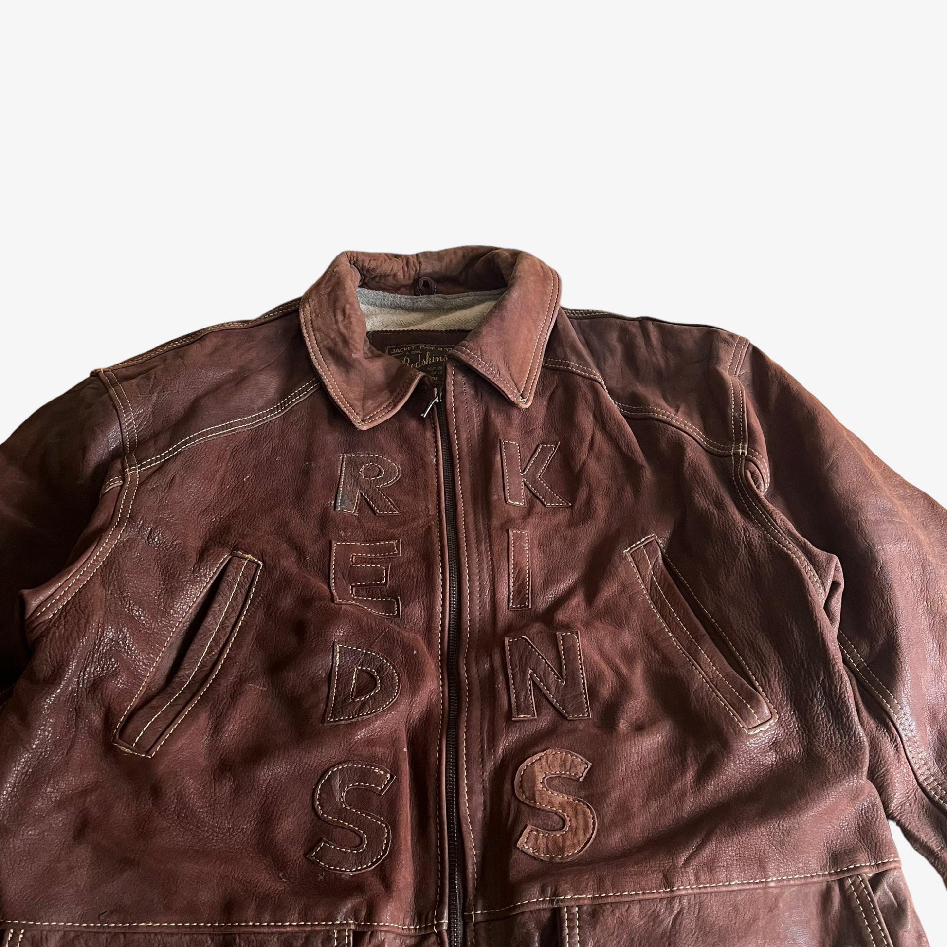 Vintage 90s Redskins Type B32 Leather Jacket With Front Spell Out Embroidered - Casspios Dream