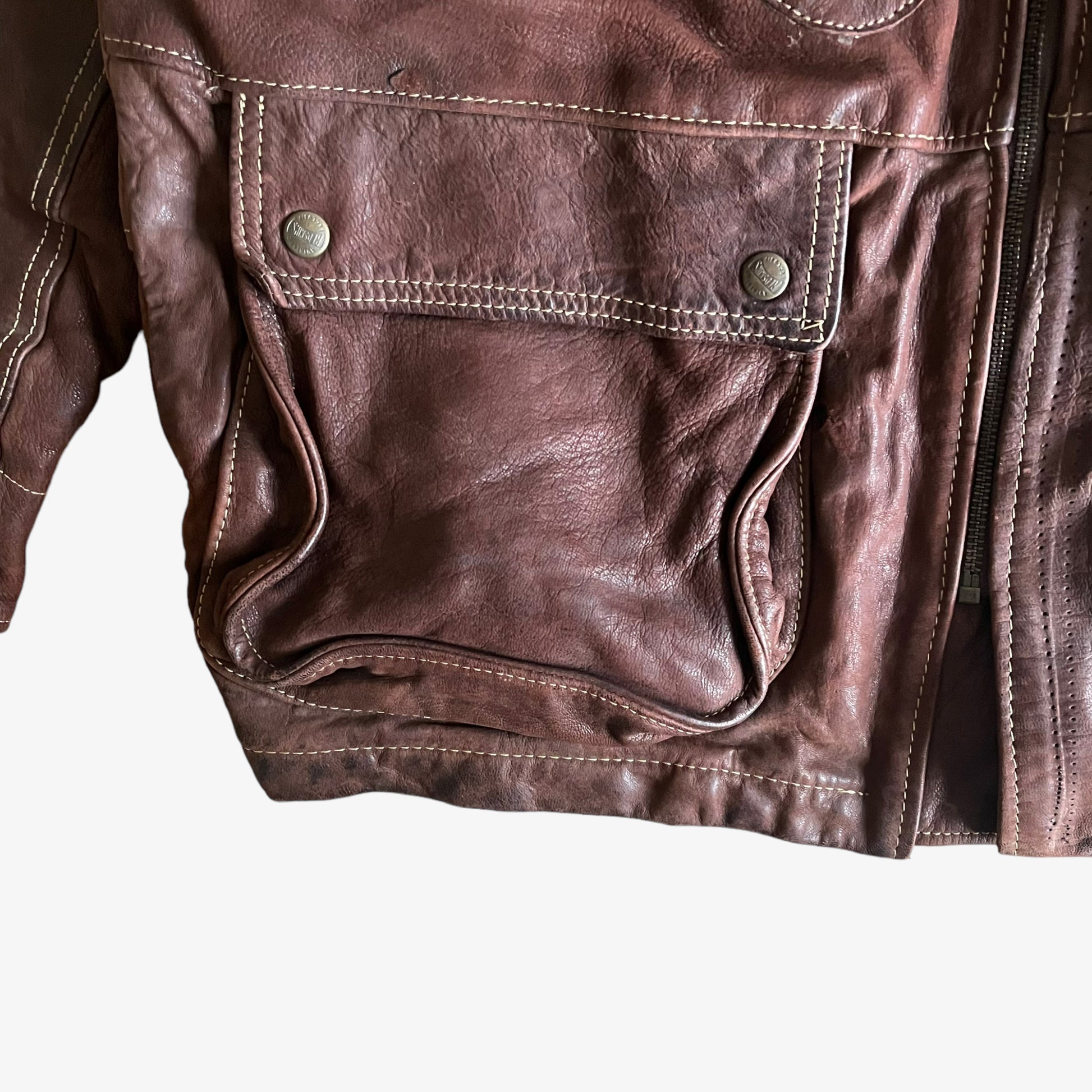 Vintage 90s Redskins Type B32 Leather Jacket With Front Spell Out Pocket - Casspios Dream