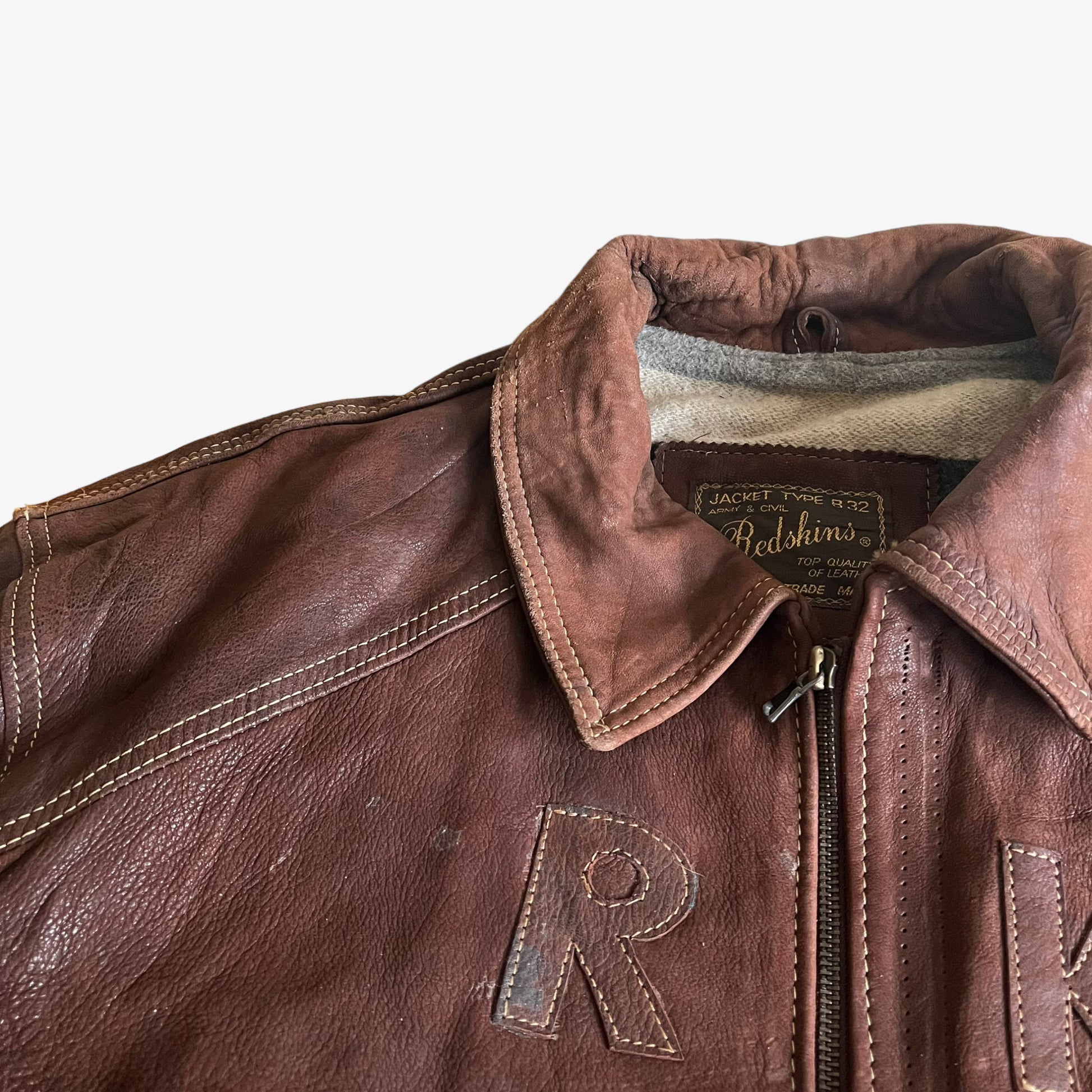 Vintage 90s Redskins Type B32 Leather Jacket With Front Spell Out Zip - Casspios Dream