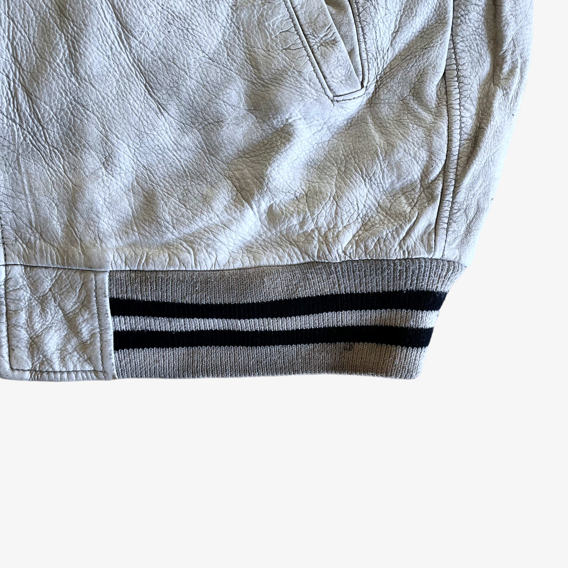 Vintage 90s Redskins White Leather Varsity Jacket Hem - Casspios Dream