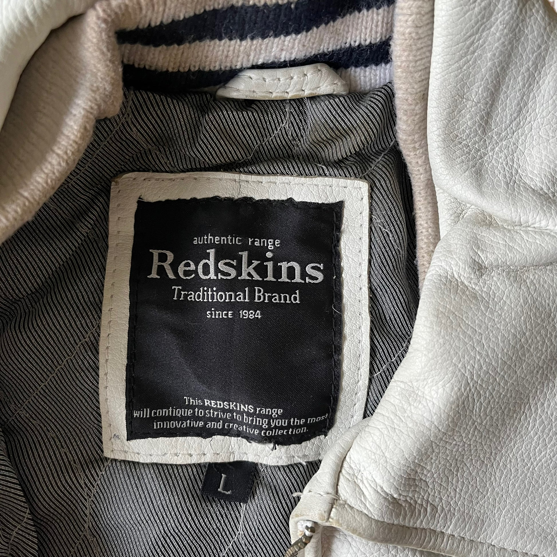 Vintage 90s Redskins White Leather Varsity Jacket Inside Label - Casspios Dream