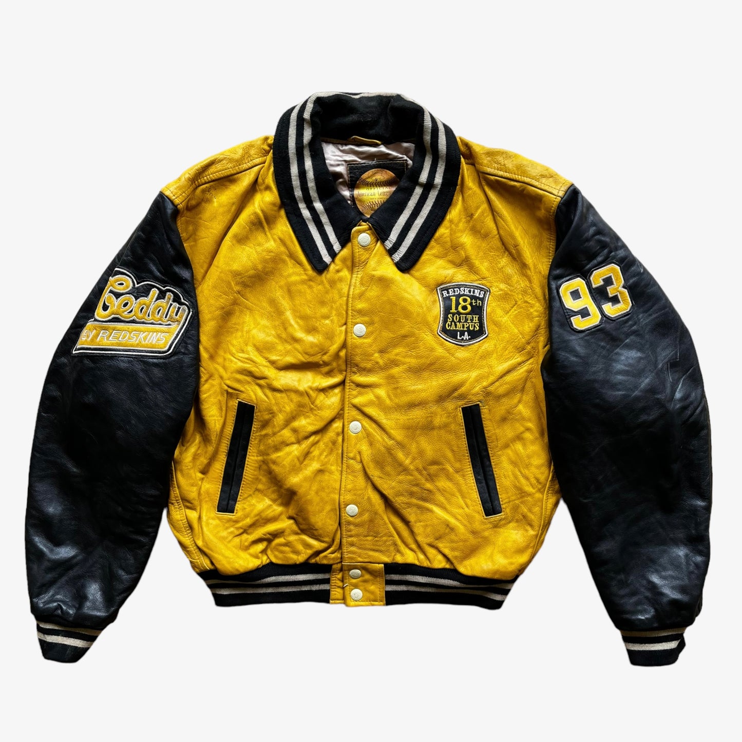 Vintage 90s Redskins Yellow & Black Leather Varsity Jacket - Casspios Dream